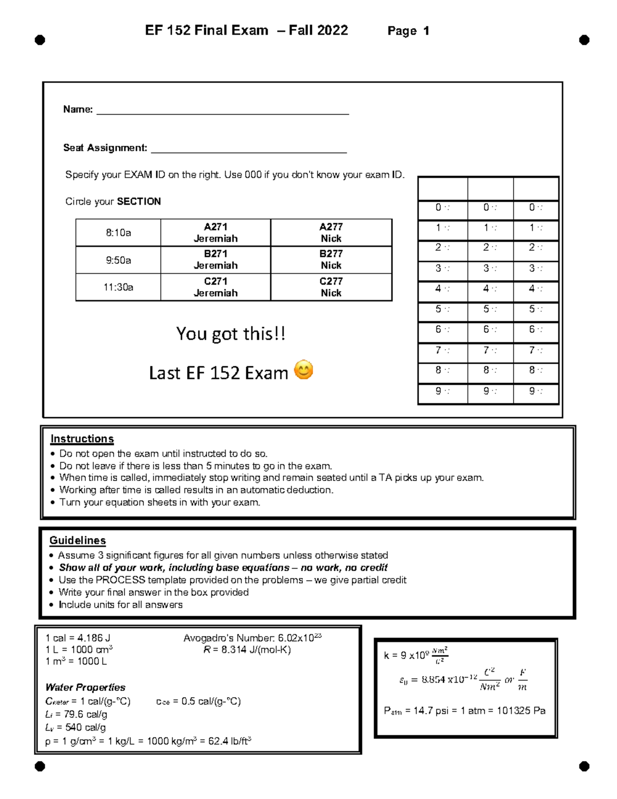 EF 152 Final Exam Fall 2022 - Blank Answer Sheet - Studocu