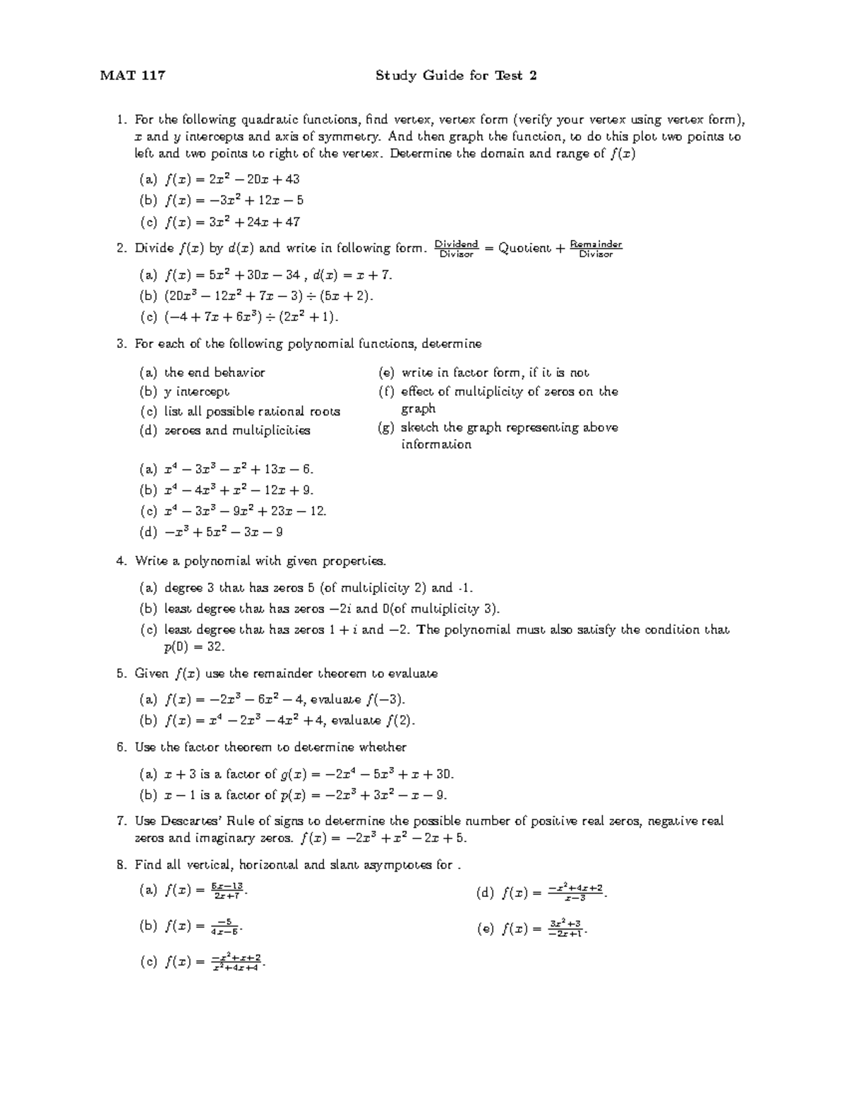 MAT 117 Test 2 Study Guide: Quadratics, Polynomials & Functions - Studocu