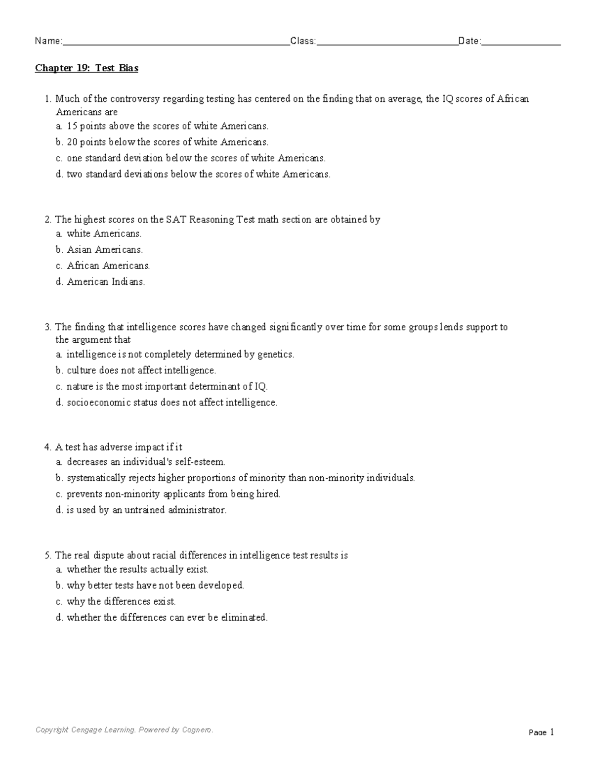 Chapter 19: Test Bias - Practice Questions and Answers - Studocu