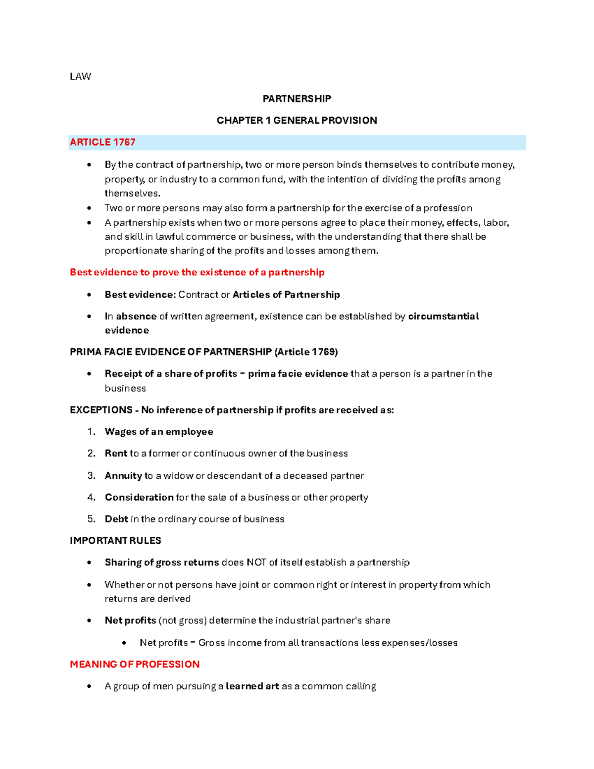 LAW 101: Partnership Overview - Chapter 1 General Provisions - Studocu