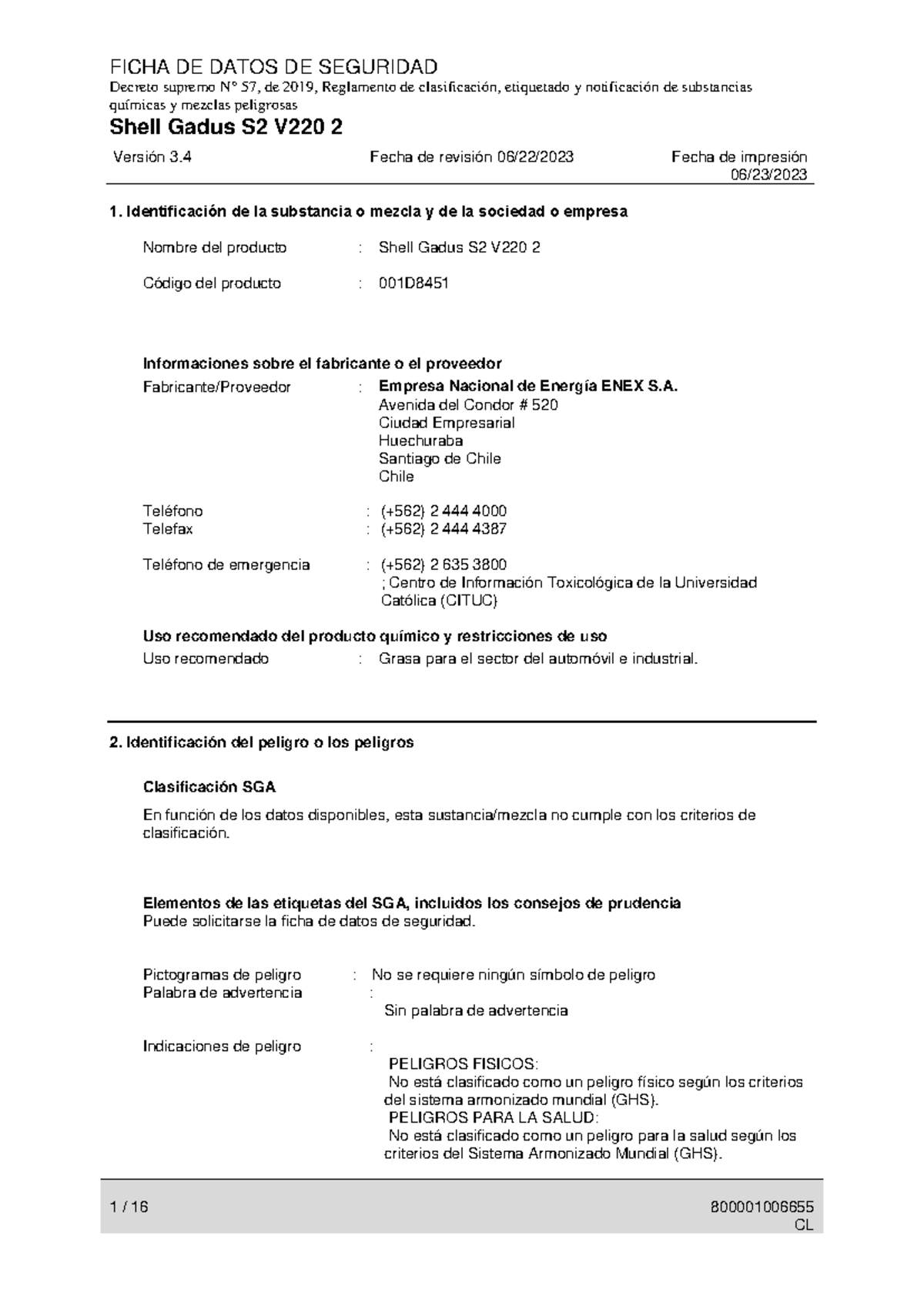 HDS de Seguridad Shell Gadus S2 V220 2 - Decreto Supremo 57/2019 - Studocu