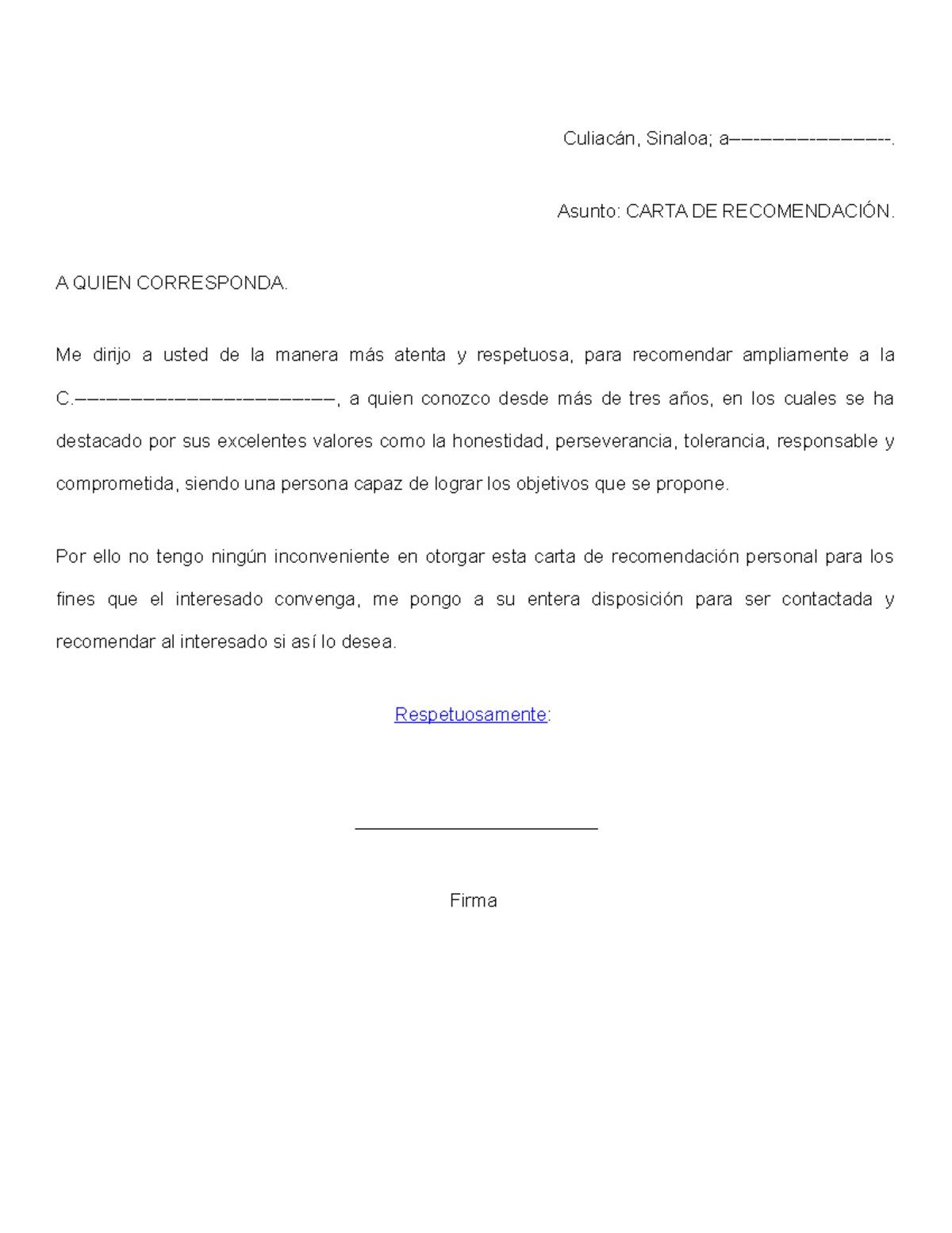 Carta de Recomendación Personal - Ejemplo y Formato - Document Preview