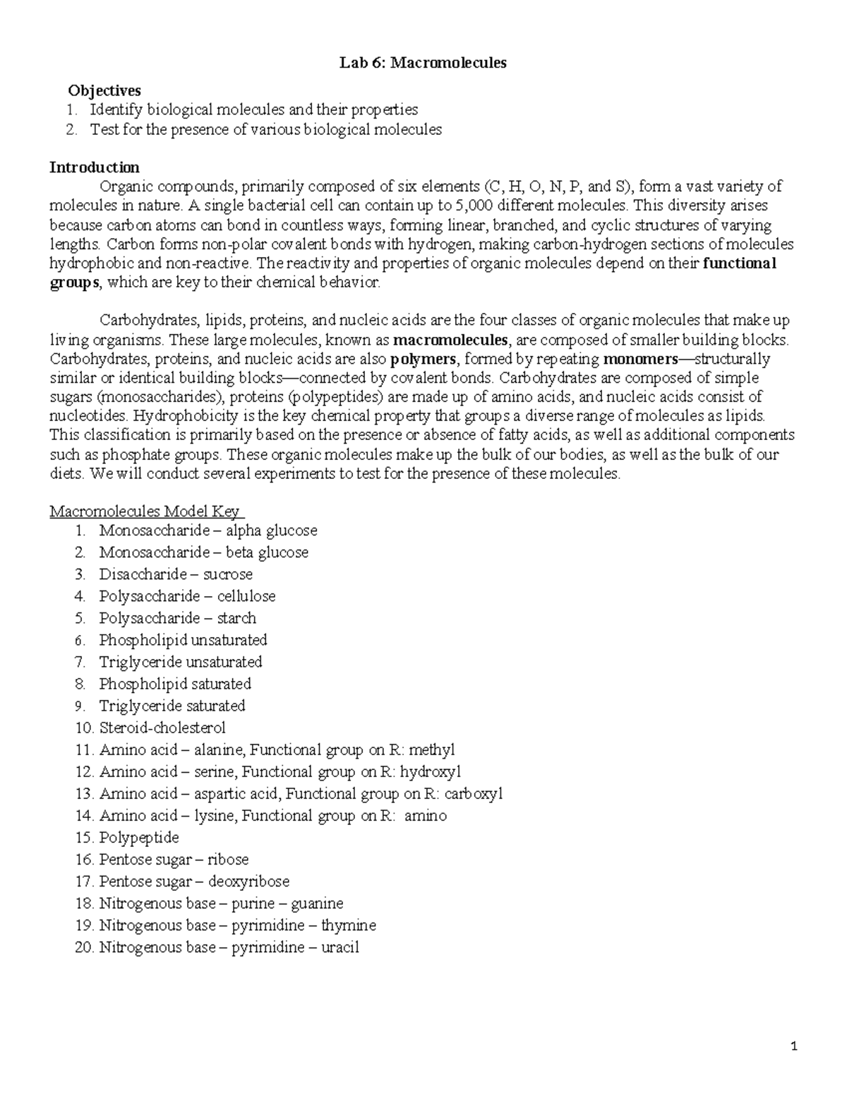 Lab 6: Testing Macromolecules & Their Properties in Bio Samples - Studocu
