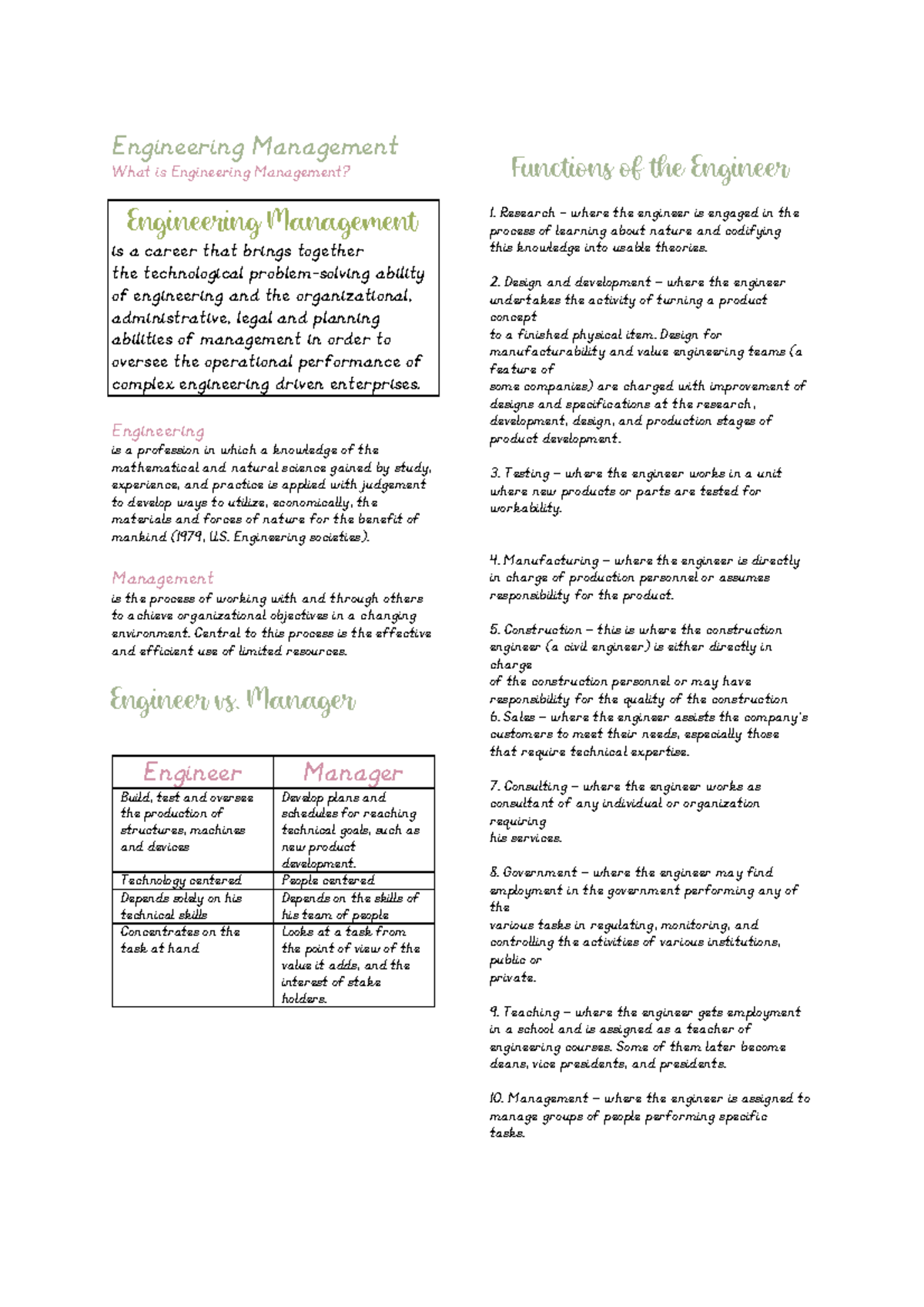 ENG 101: Intro to Eng. Management & Leadership Notes - Studocu