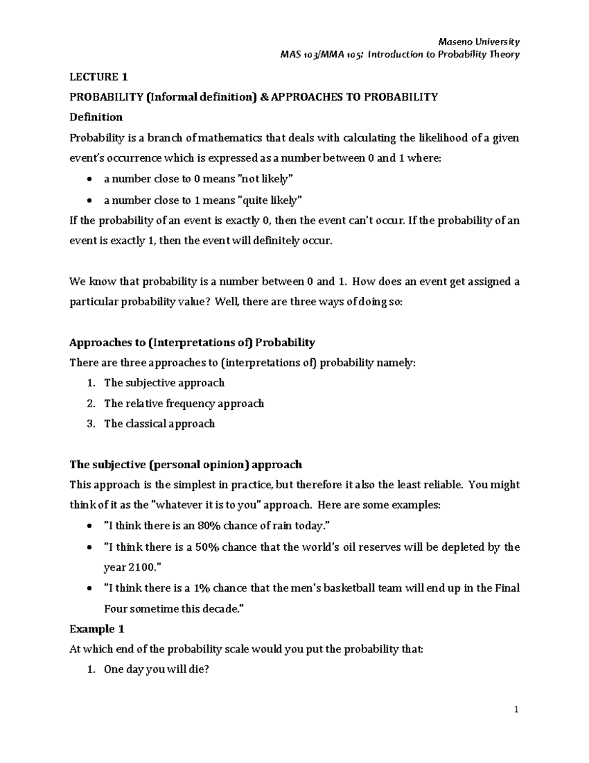 MAS 103/MMA 105 Lecture 1 - Introduction to Probability Theory - Studocu