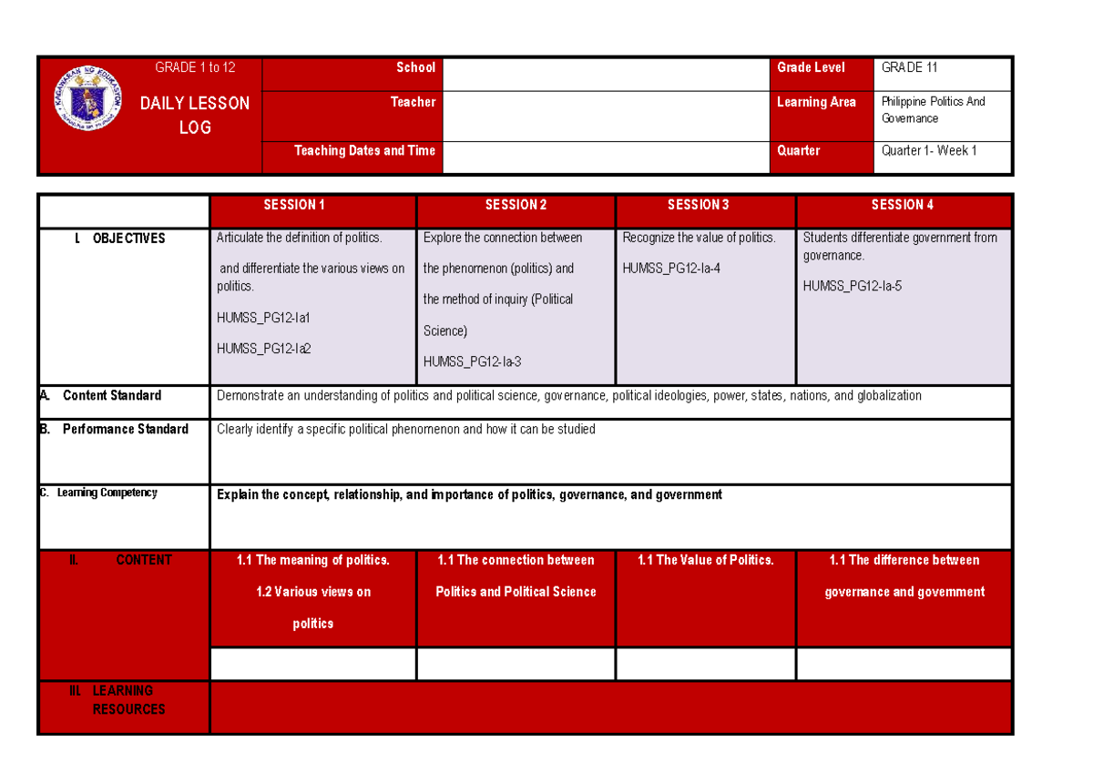GRADE 11 DAILY LESSON LOG: Philippine Politics & Governance - Week 1 ...