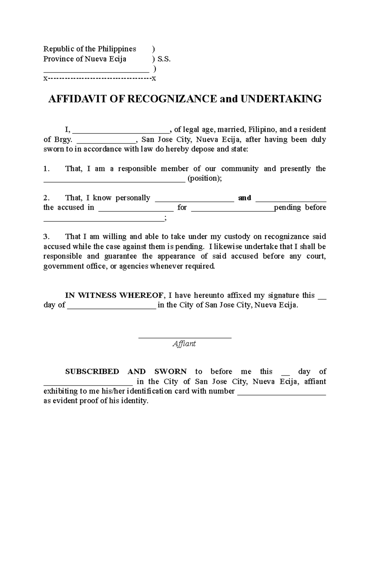 Affidavit of Recognizance - Legal Form Example in Nueva Ecija - Studocu
