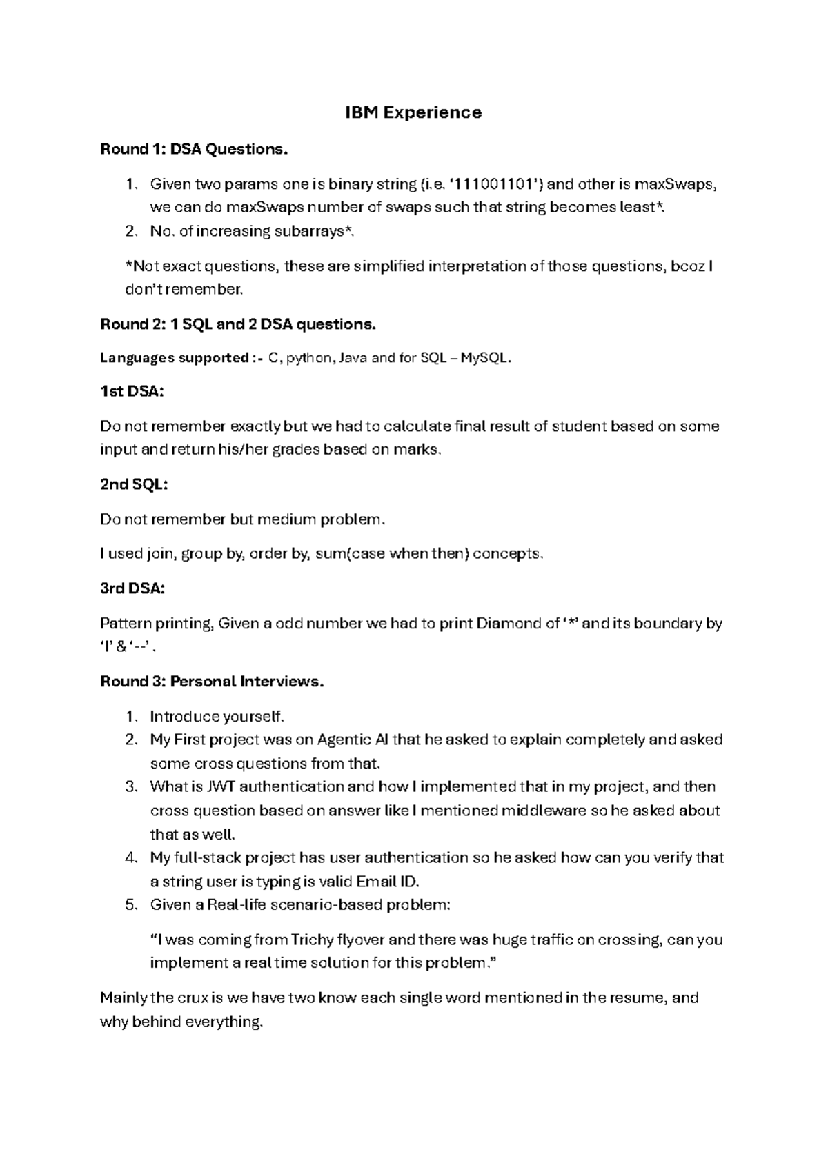 IBM Experience Round 1: DSA & SQL Questions Summary - Studocu