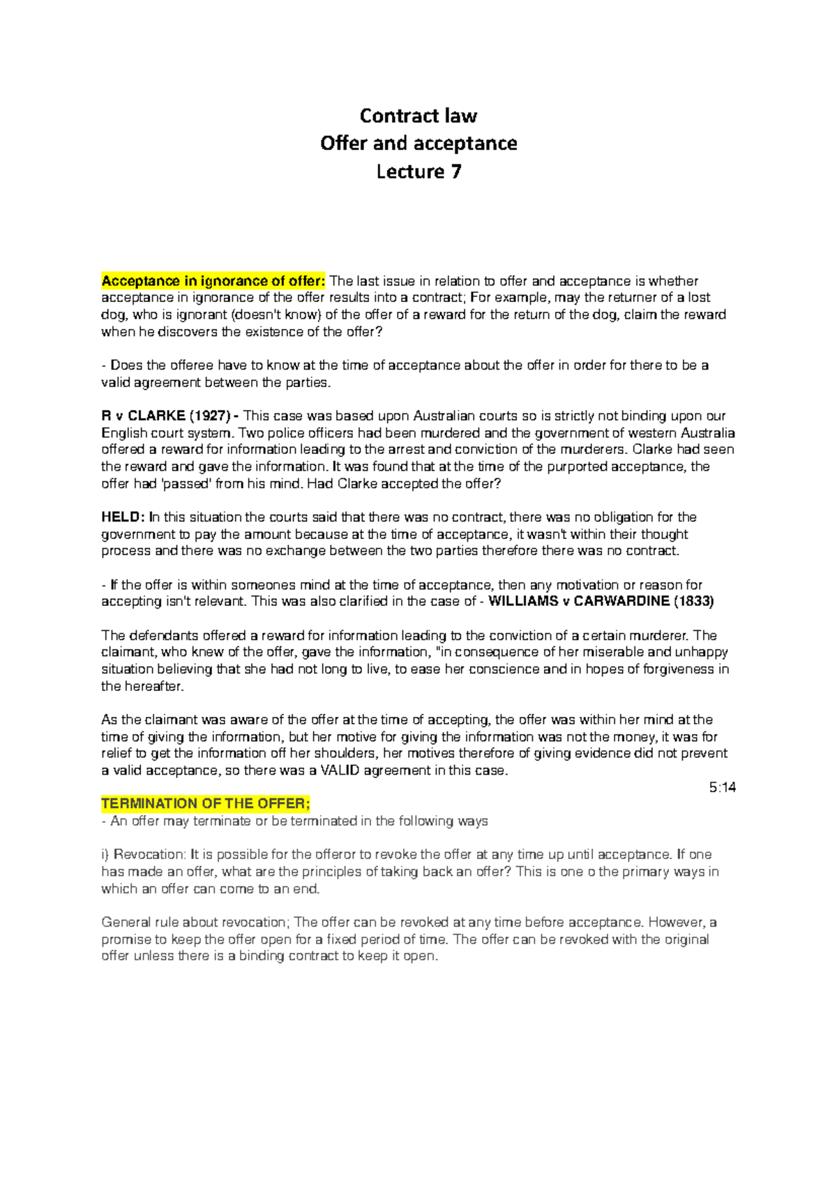 Lecture 7 - Offer and Acceptance in Contract Law by Ryan Murray - Studocu