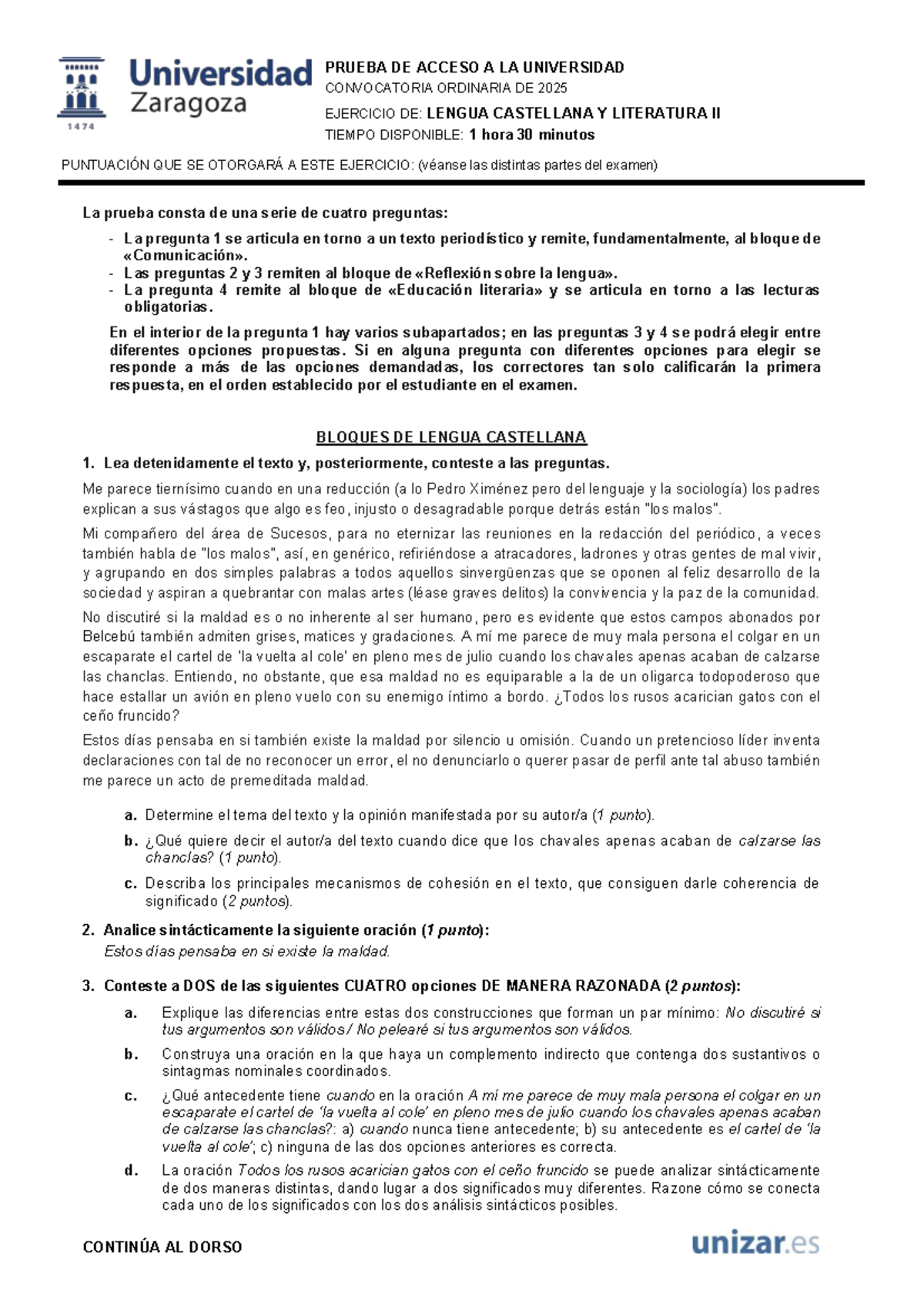 PAU 2025 - Ejercicio de Lengua Castellana y Literatura II - Studocu