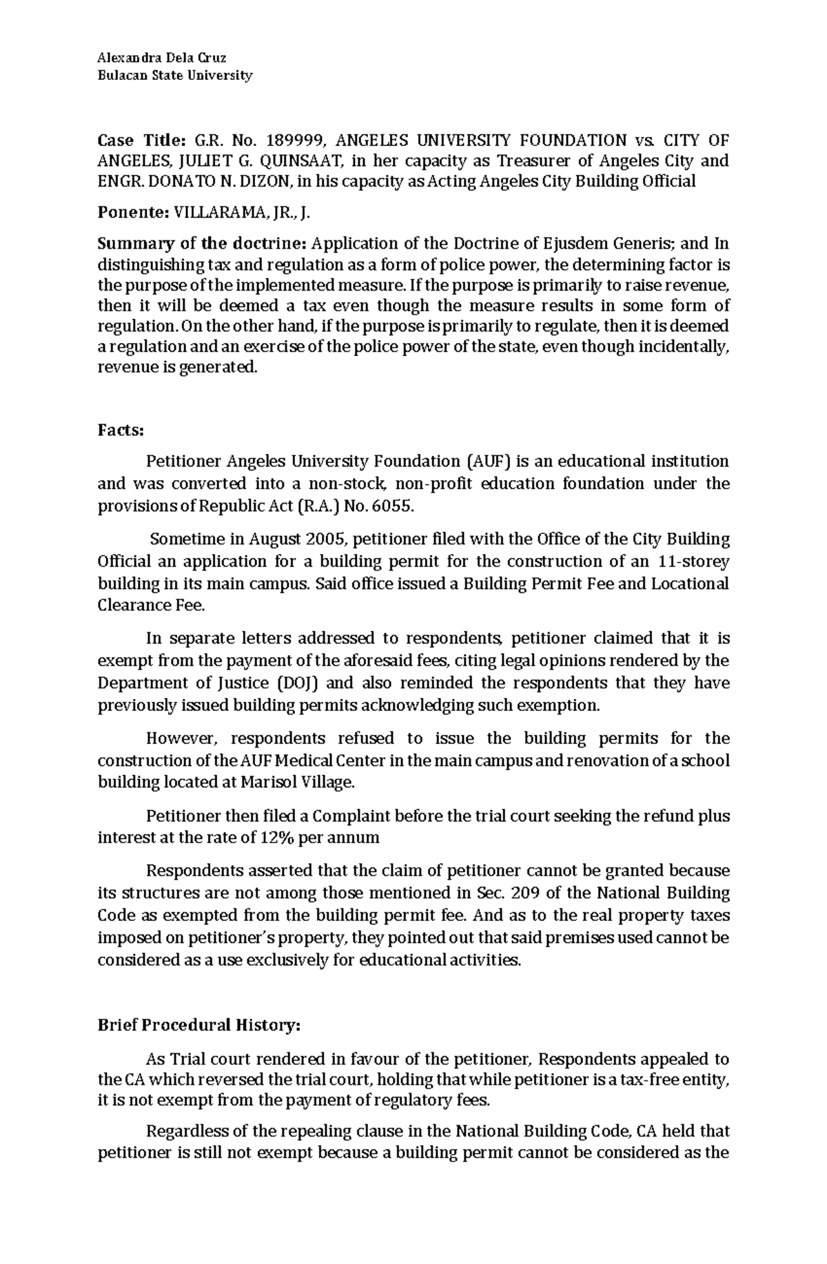 Case Digest: G.R. No. 189999 - AUF vs. CITY OF ANGELES on Building Fees ...