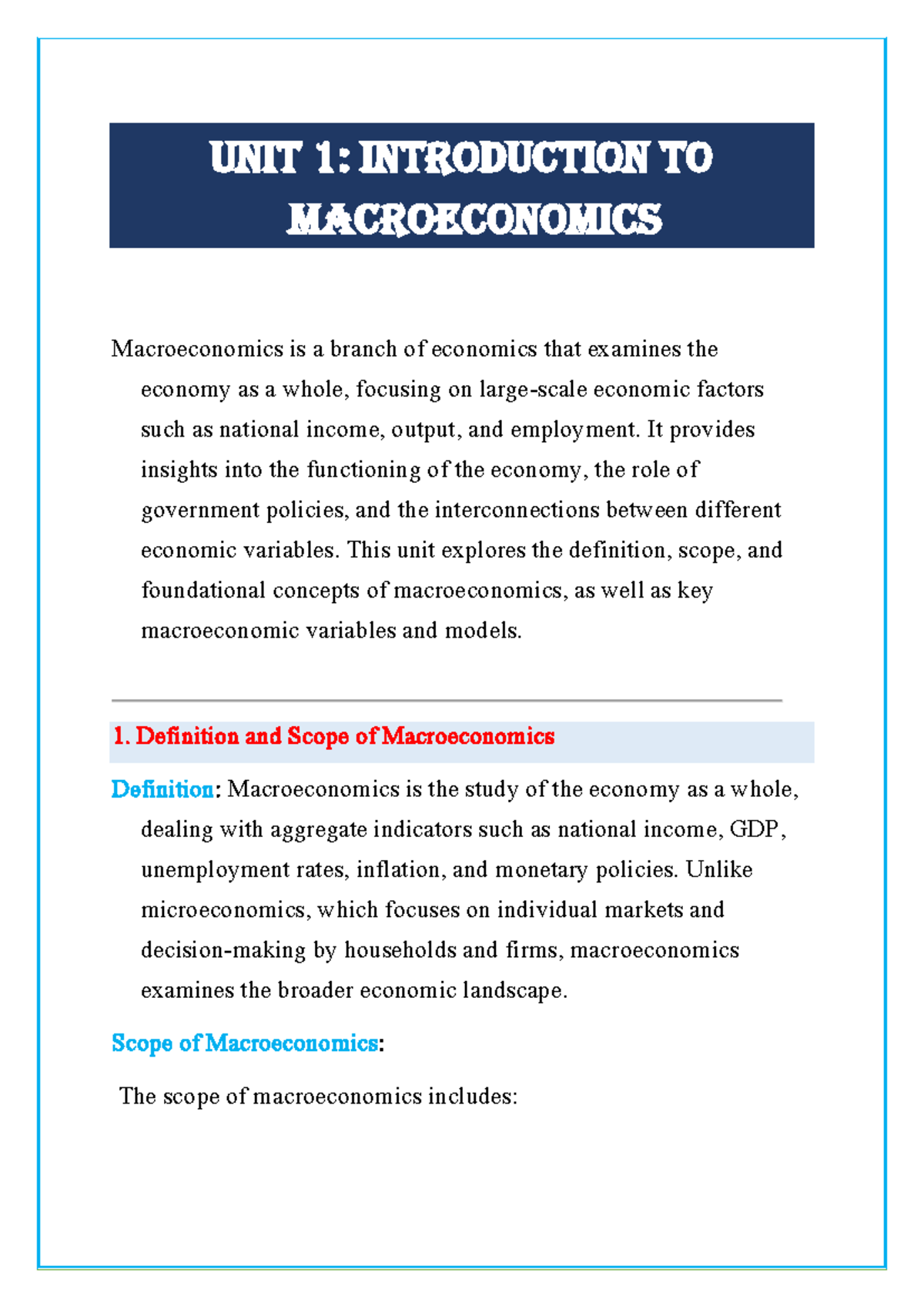 Unit 1: Introduction to Macroeconomics - Key Concepts and Variables ...