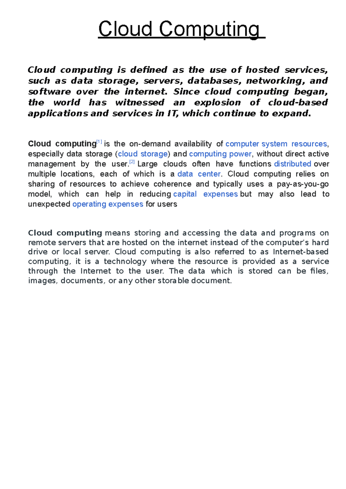 Cloud computing - Notes - Cloud Computing Cloud computing is defined as ...