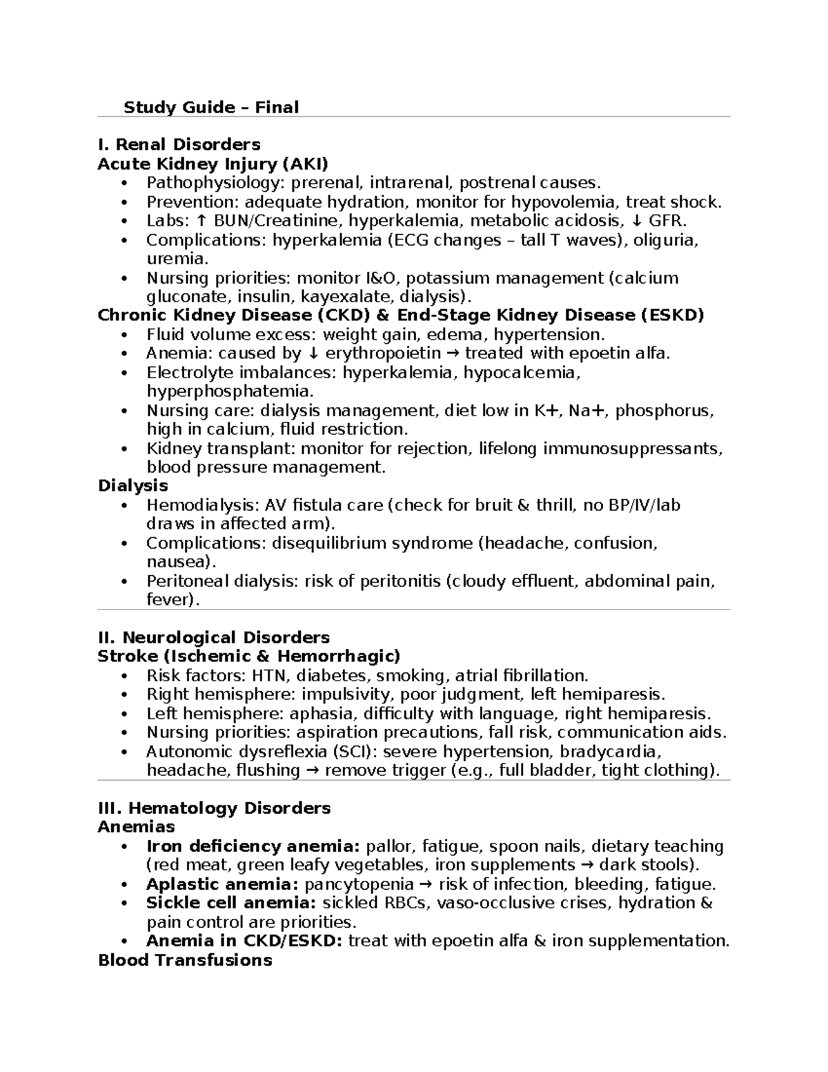 Study Guide Final I: Renal & Neurological Disorders Overview - Studocu