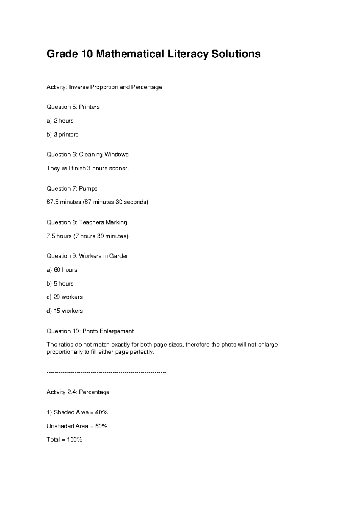 Grade 10 Math Literacy Solutions: Inverse Proportion & Percentages ...