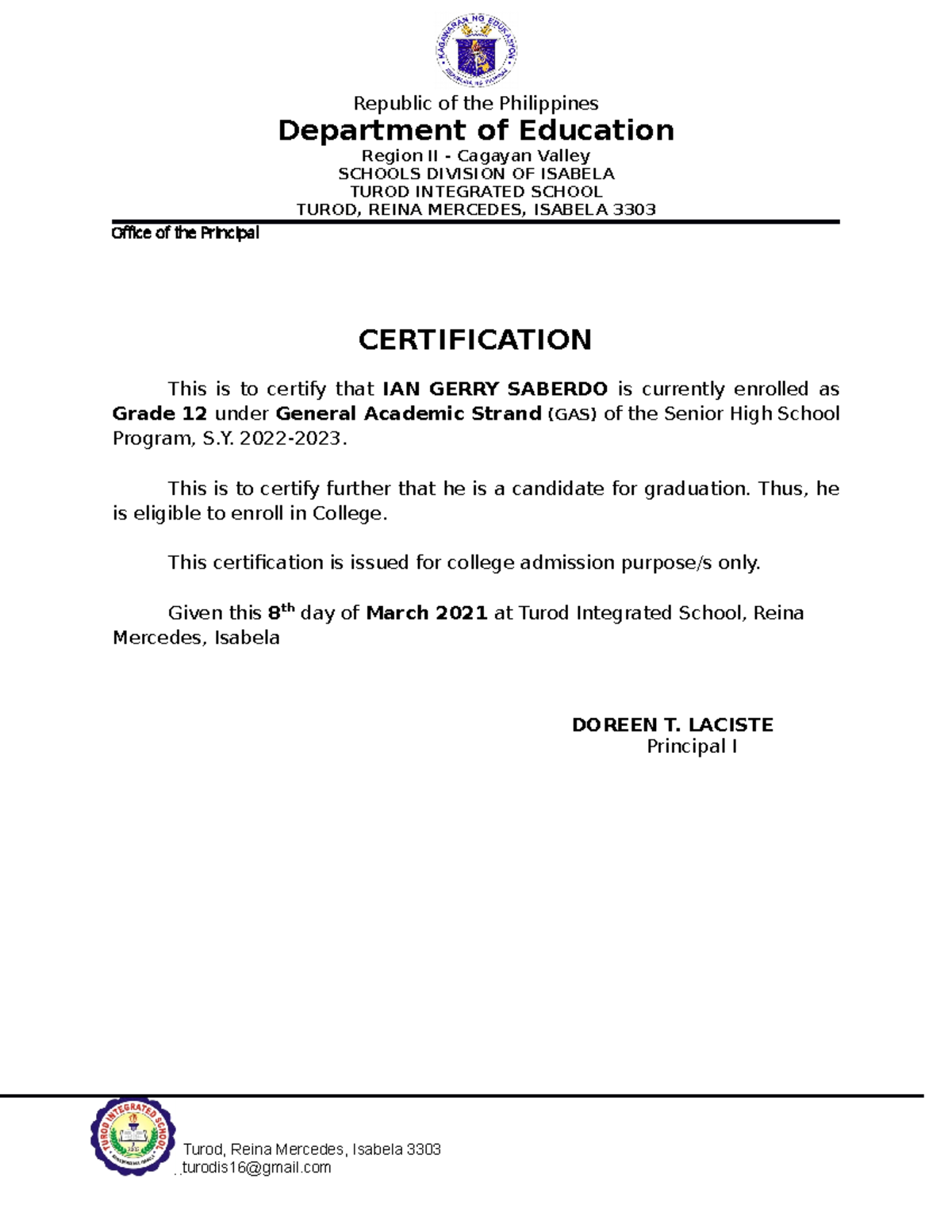 Certification of Candidates for Graduation - Grade 12 GAS - Studocu