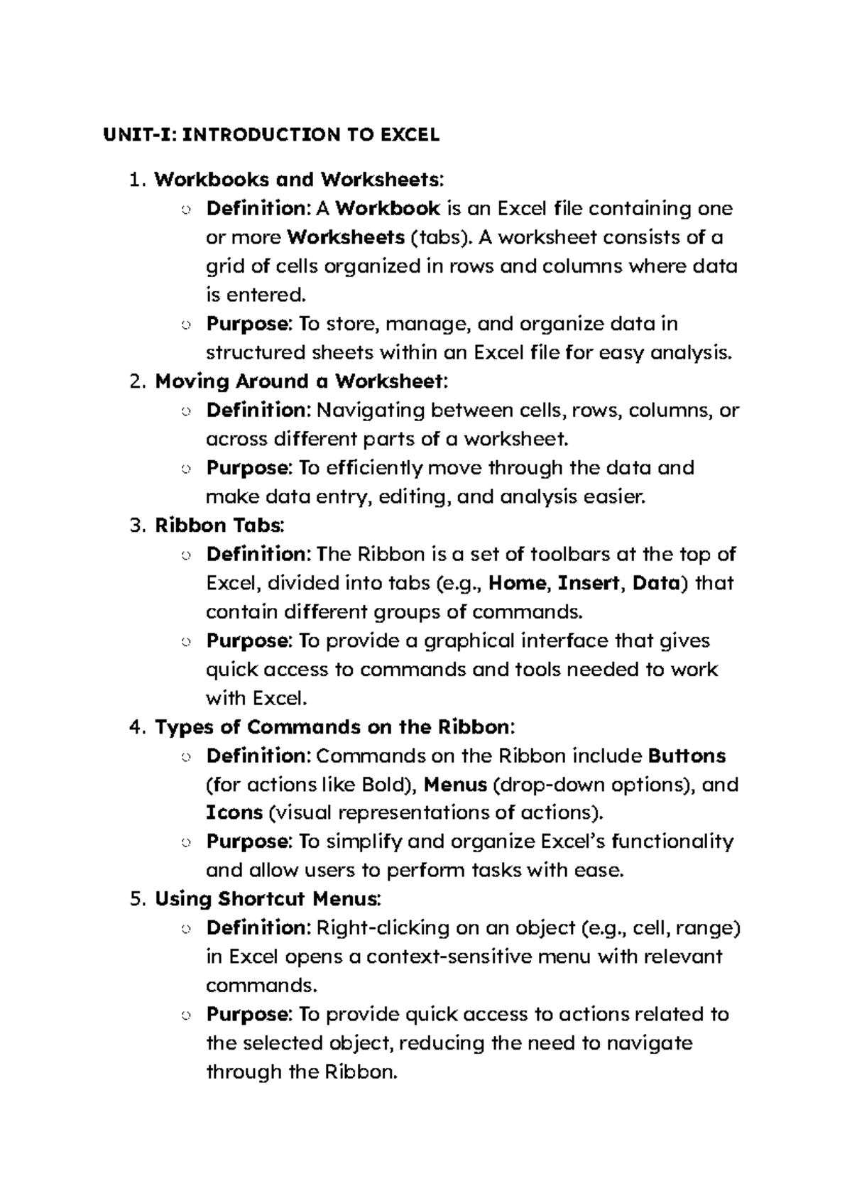 Excel Introduction Notes: Unit I Overview & Basics - Studocu