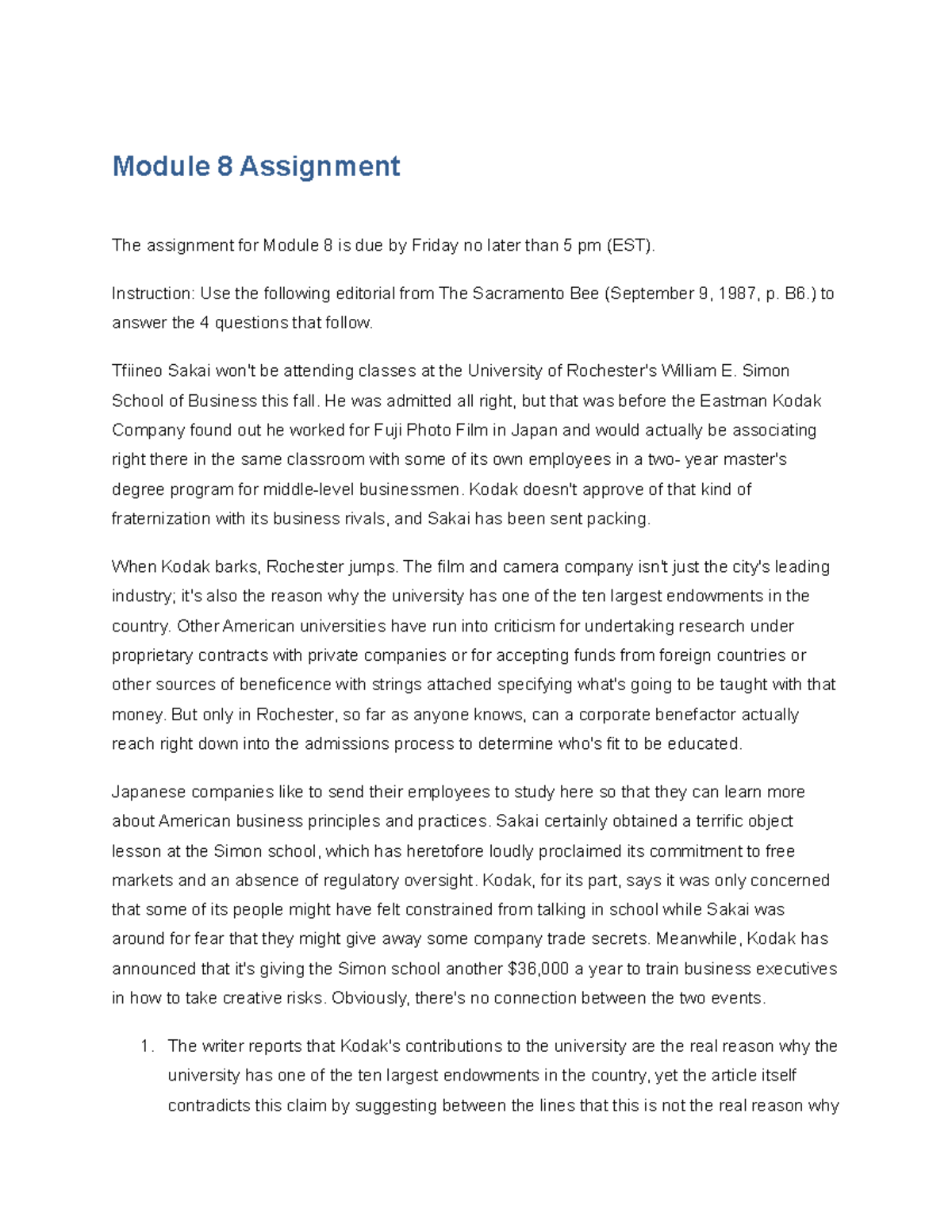 Module 8 assignment for people to read - Module 8 Assignment The ...
