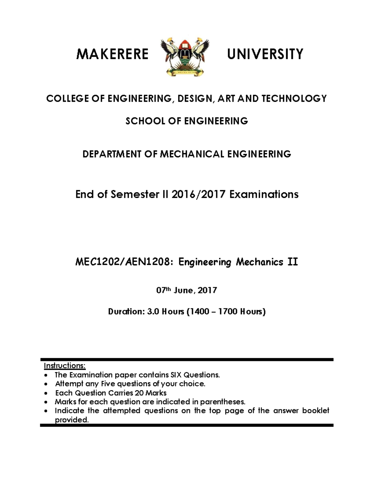 ENGR 228032: Engineering Mechanics II End of Sem Exam - June 2017 - Studocu
