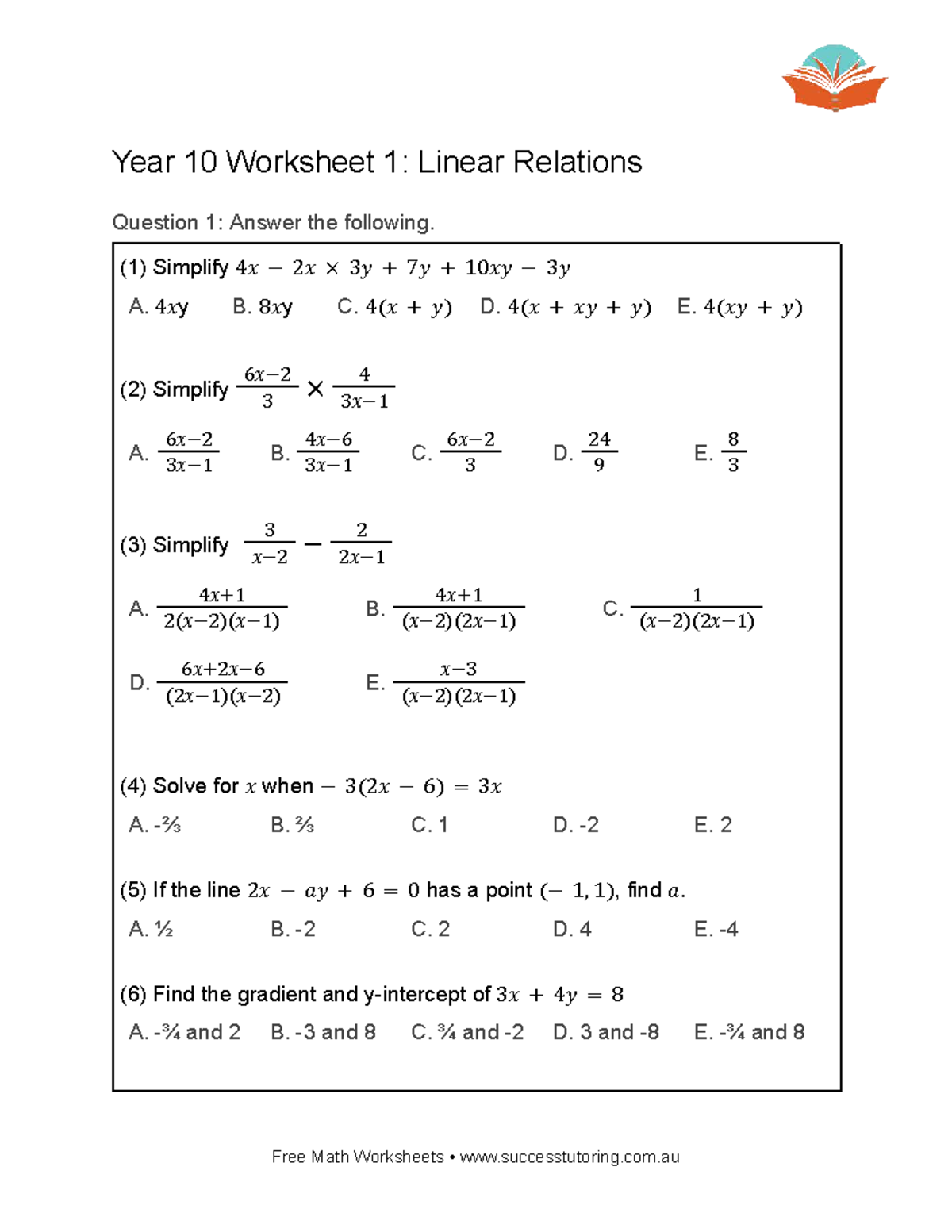 Year 10 Worksheet 1: Linear Relations Practice Questions - Studocu