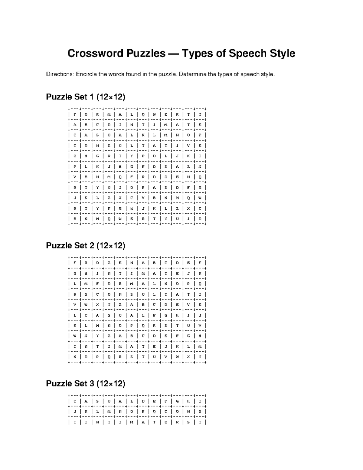 Crossword Puzzles: Types of Speech Style (Full Letters) - Studocu