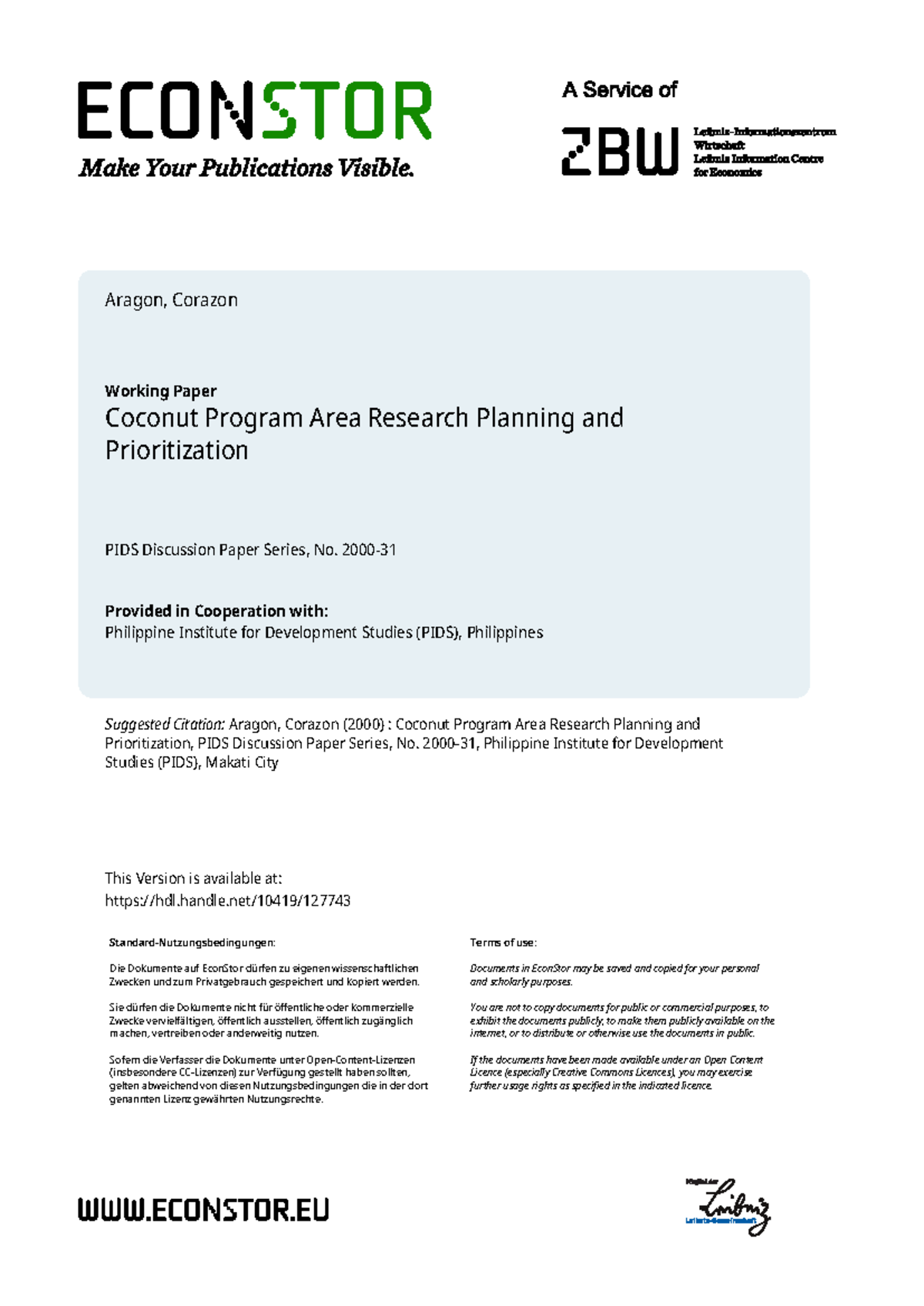 Coconut Program Area Research Planning and Prioritization: PIDS ...