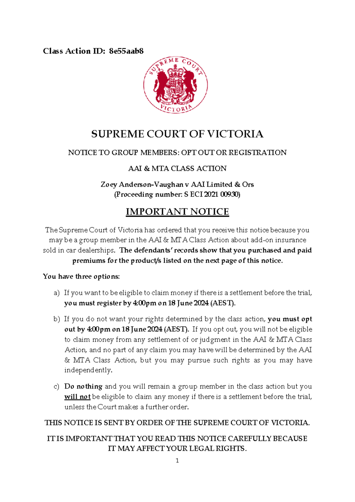 AAI MTA Class Action Notice: Options to Register or Opt Out - Studocu