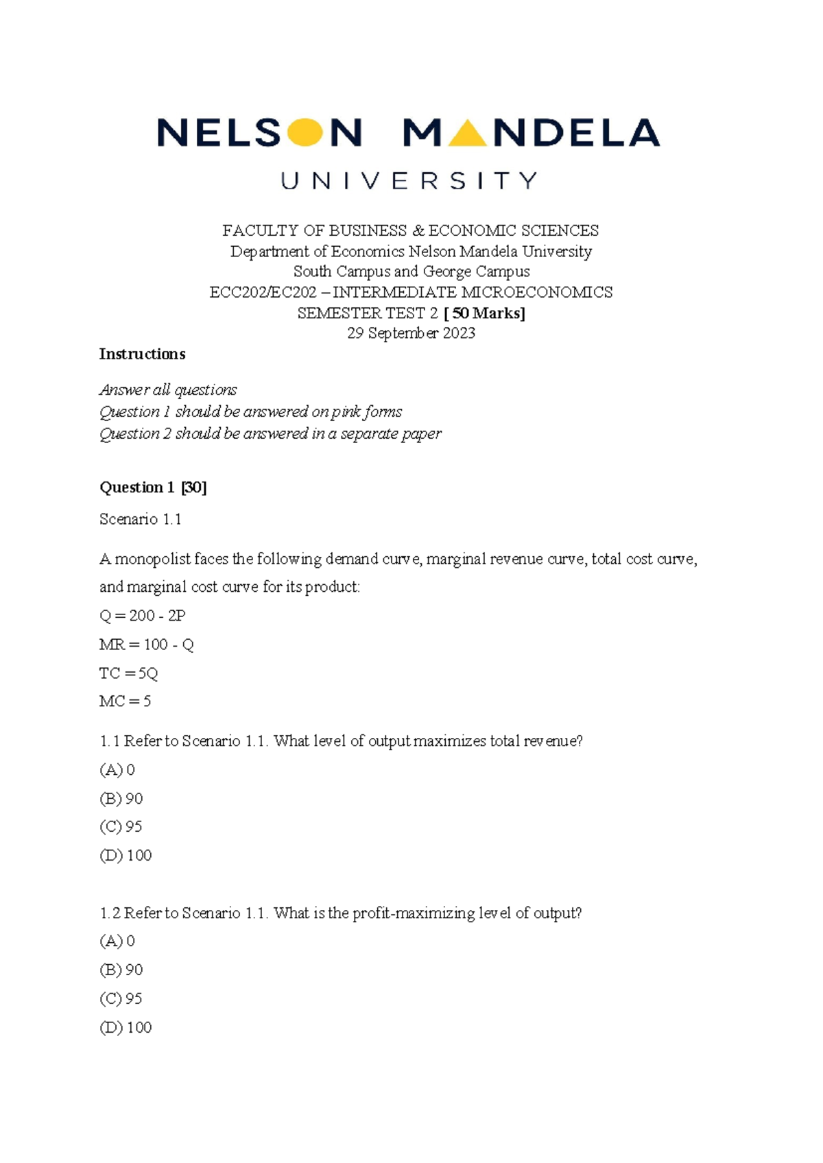 Semester Test 2 Questions - ECC202 - Intermediate Microeconomics 2023 ...