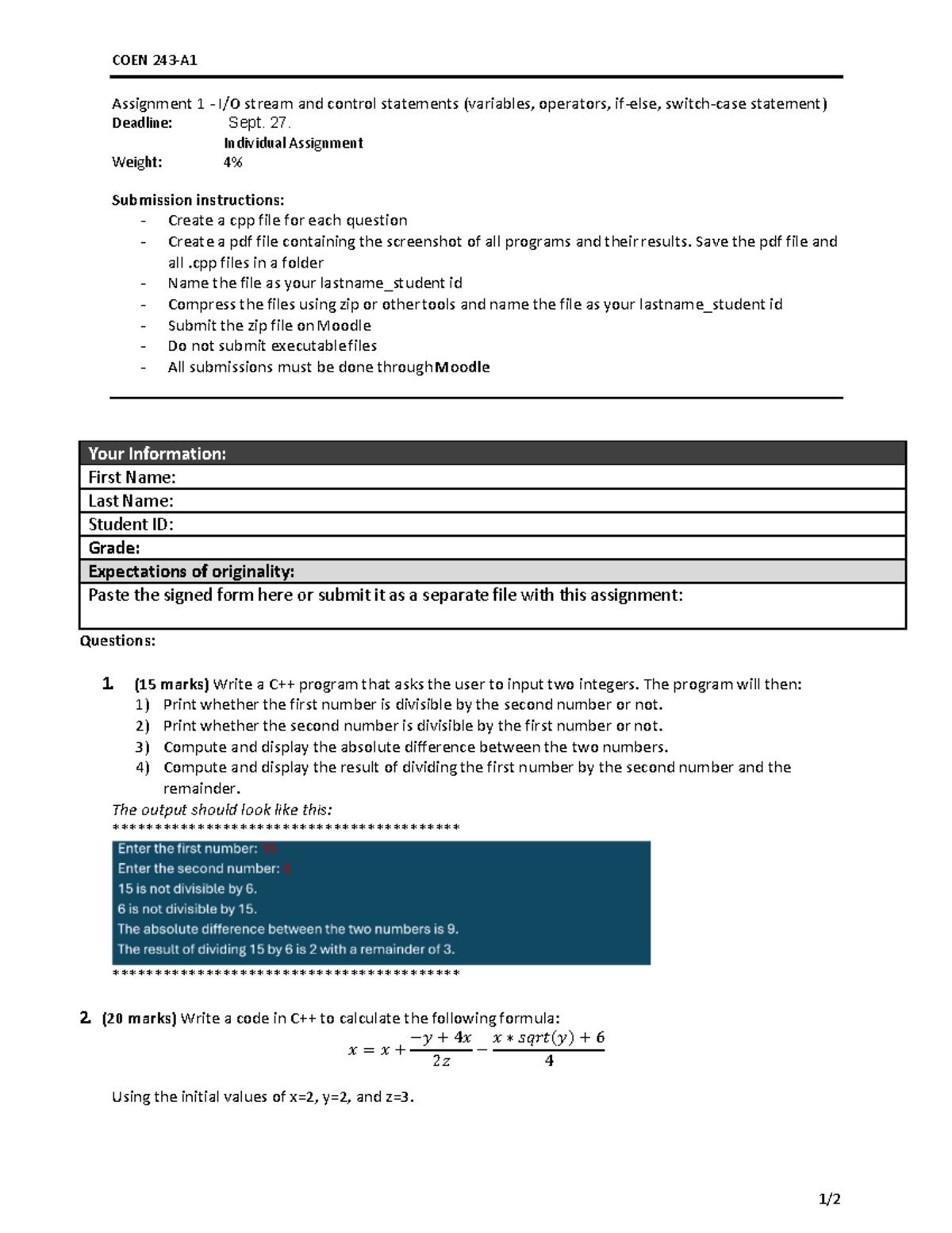 Assignment 1: Stream & Control Statements in COEN 243 - Studocu
