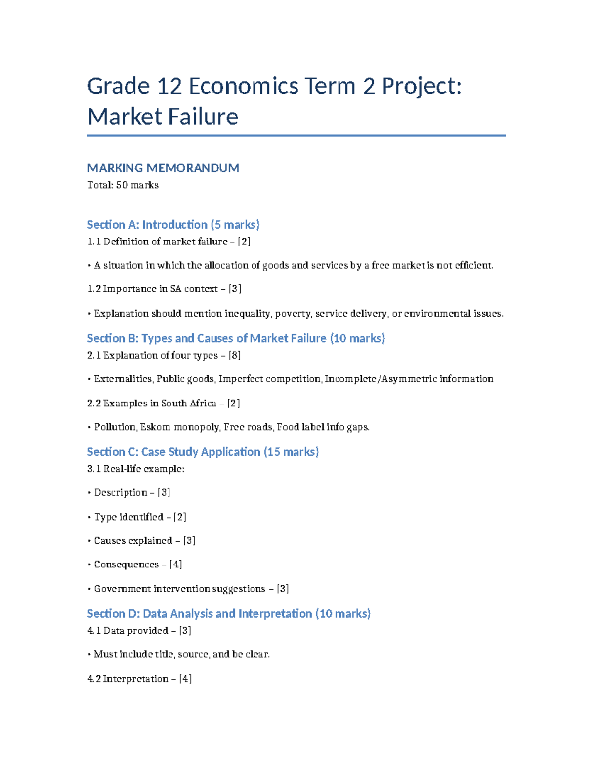 Economics Term 2 Project: Market Failure Marking Memorandum 2025 - Studocu