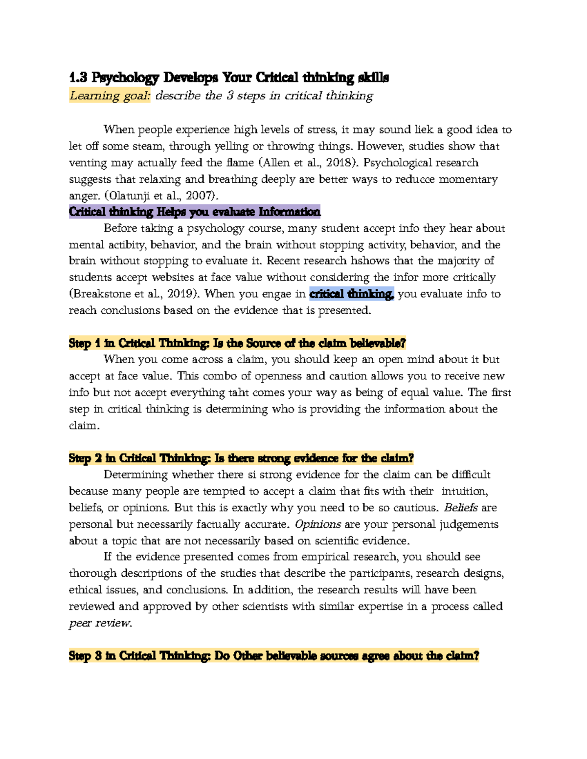 PSYC 101 Ch.1 - Intro to Psychology Notes on Critical Thinking Skills ...