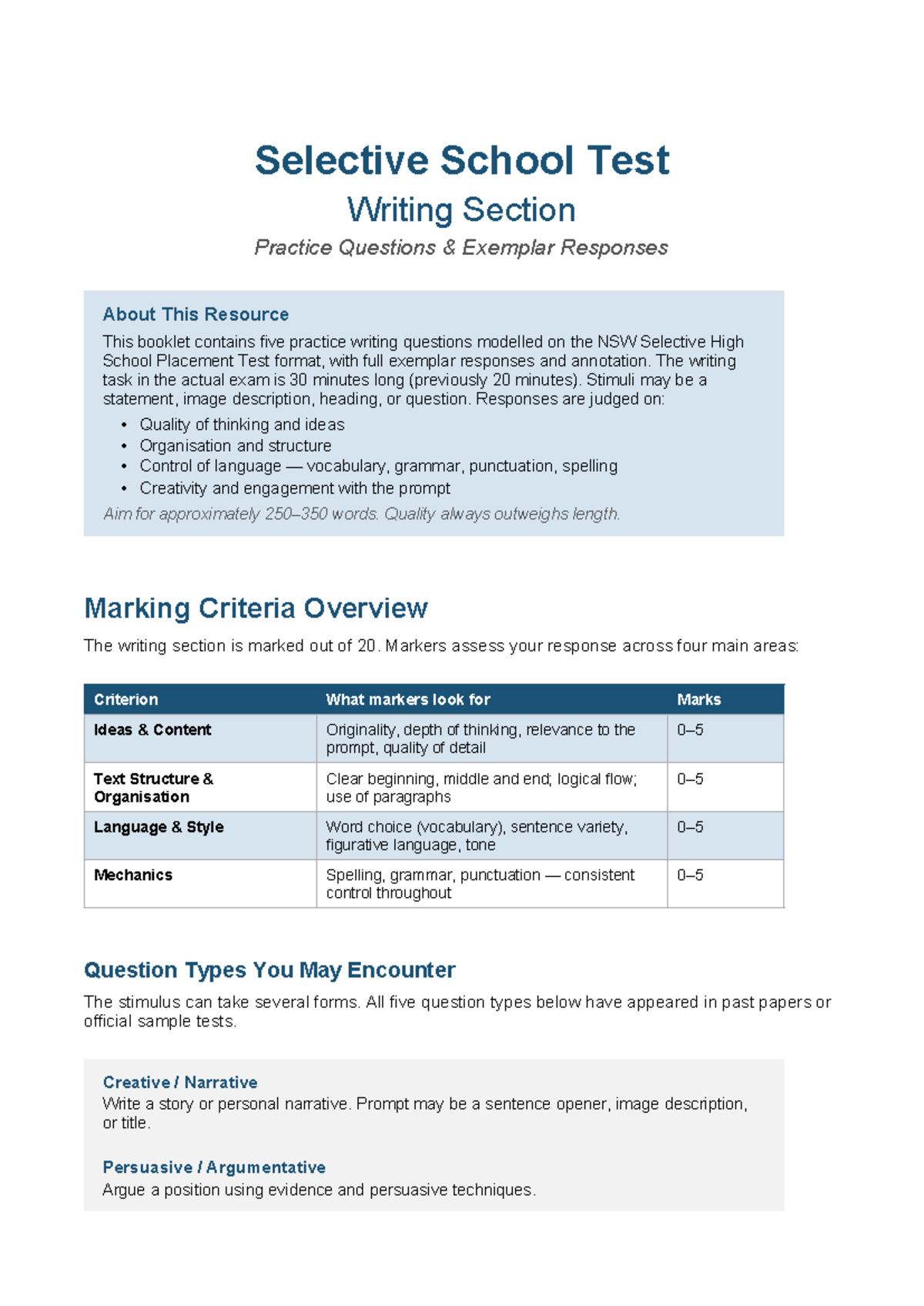Selective School Test Writing Section Practice Questions & Exemplar ...