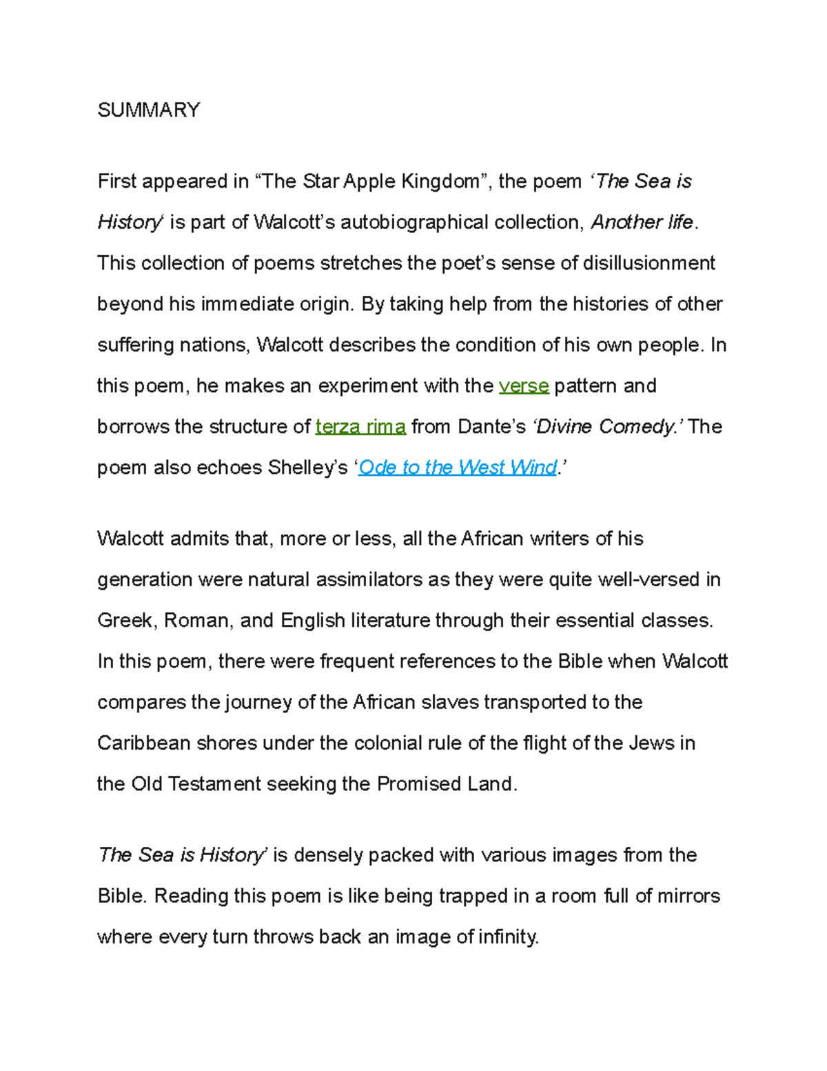 Analysis of "The Sea is History" by Derek Walcott (ENG 202) - Studocu