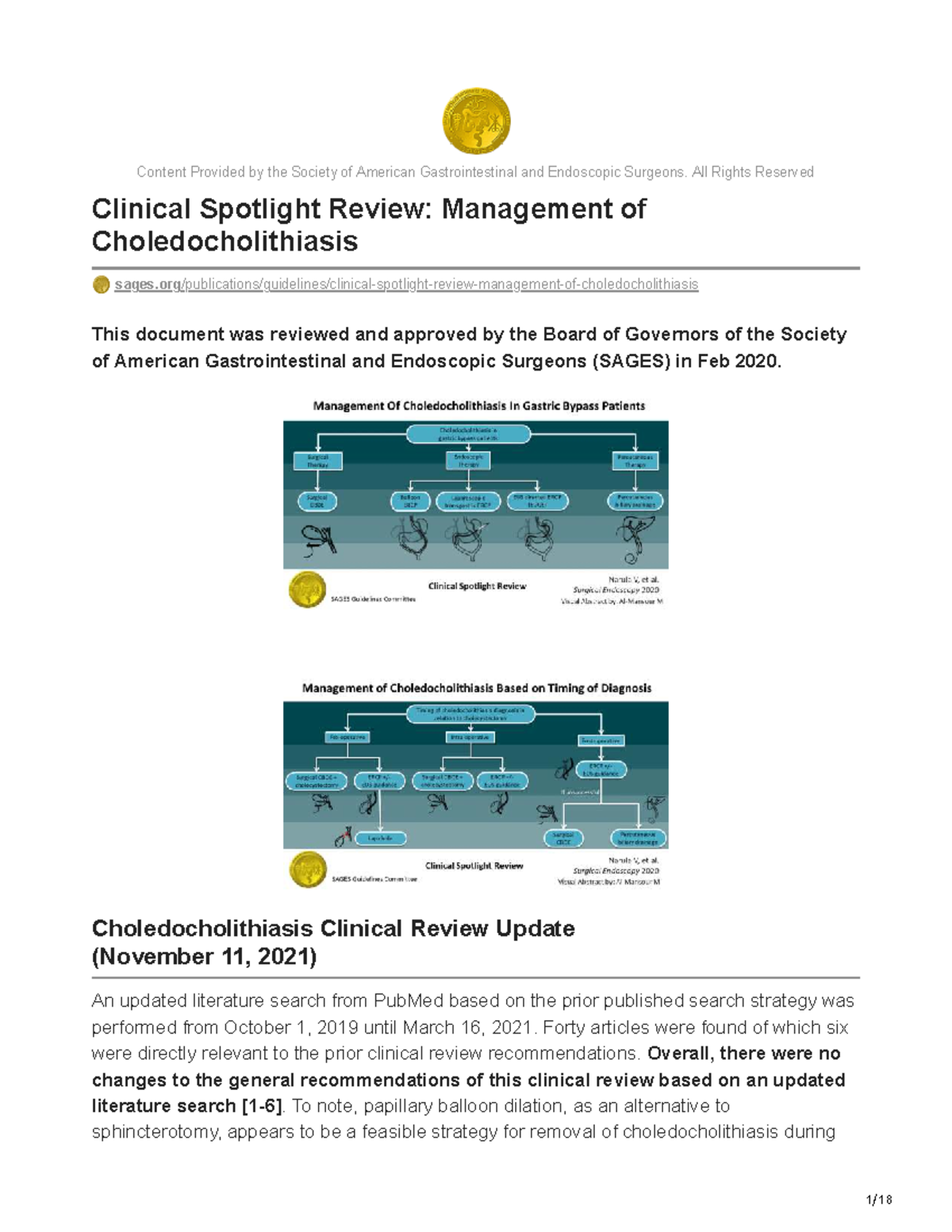 SAGES Clinical Spotlight Review: Management of Choledocholithiasis ...