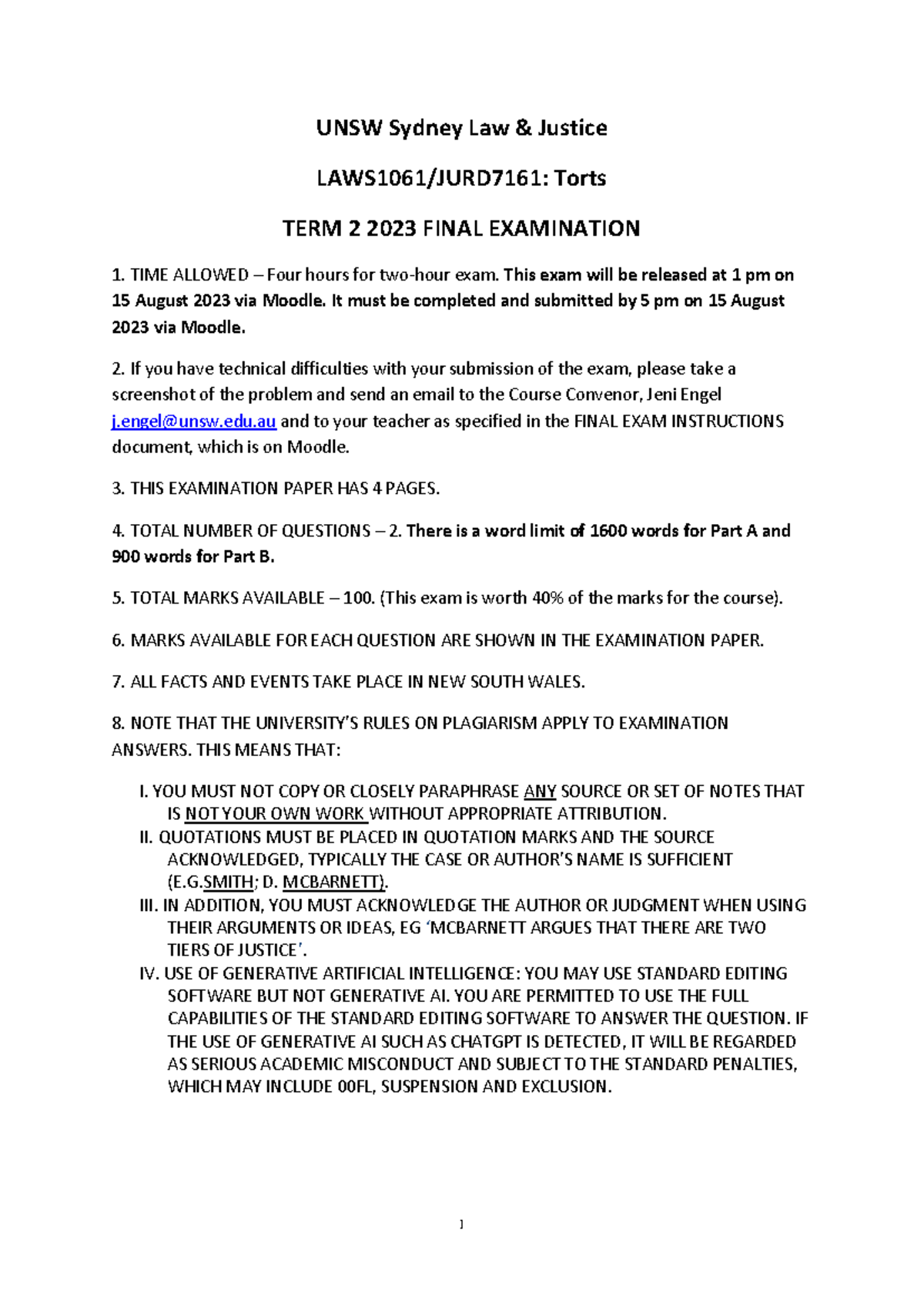 UNSW Sydney Law Justice Torts TERM 2 2023 FINAL EXAMINATION - Studocu