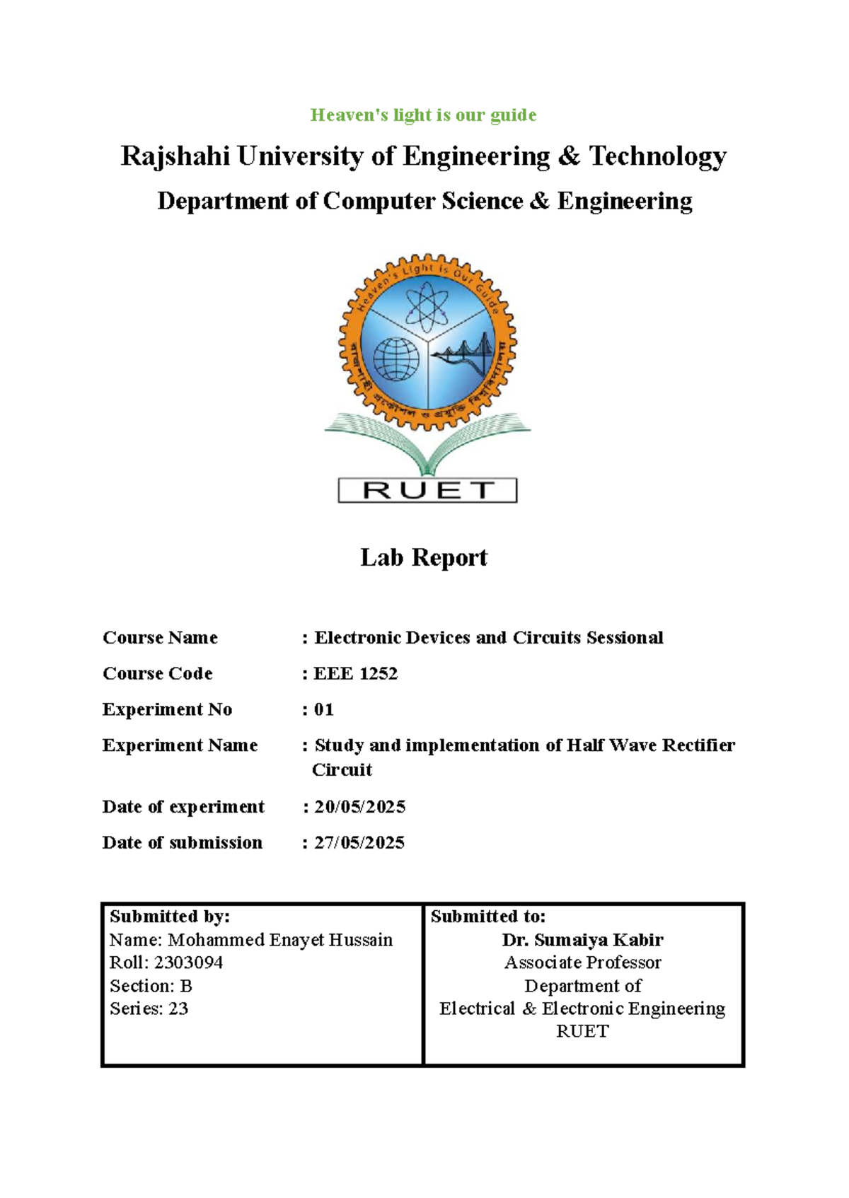 Lab Report: EEE 1252 - Half Wave Rectifier Circuit Experiment - Studocu