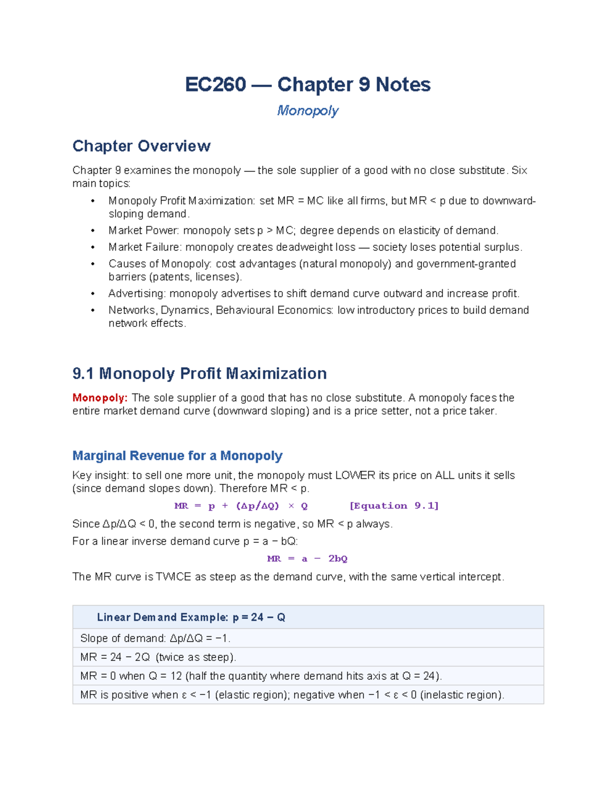 EC260 Chapter 9 Notes: Understanding Monopoly Dynamics and Market Power ...