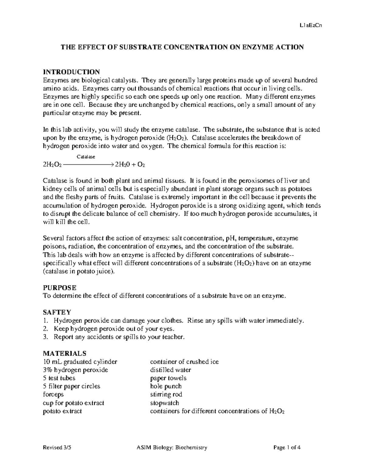 Lab Procedure: Effect of Substrate Concentration on Enzyme Activity ...