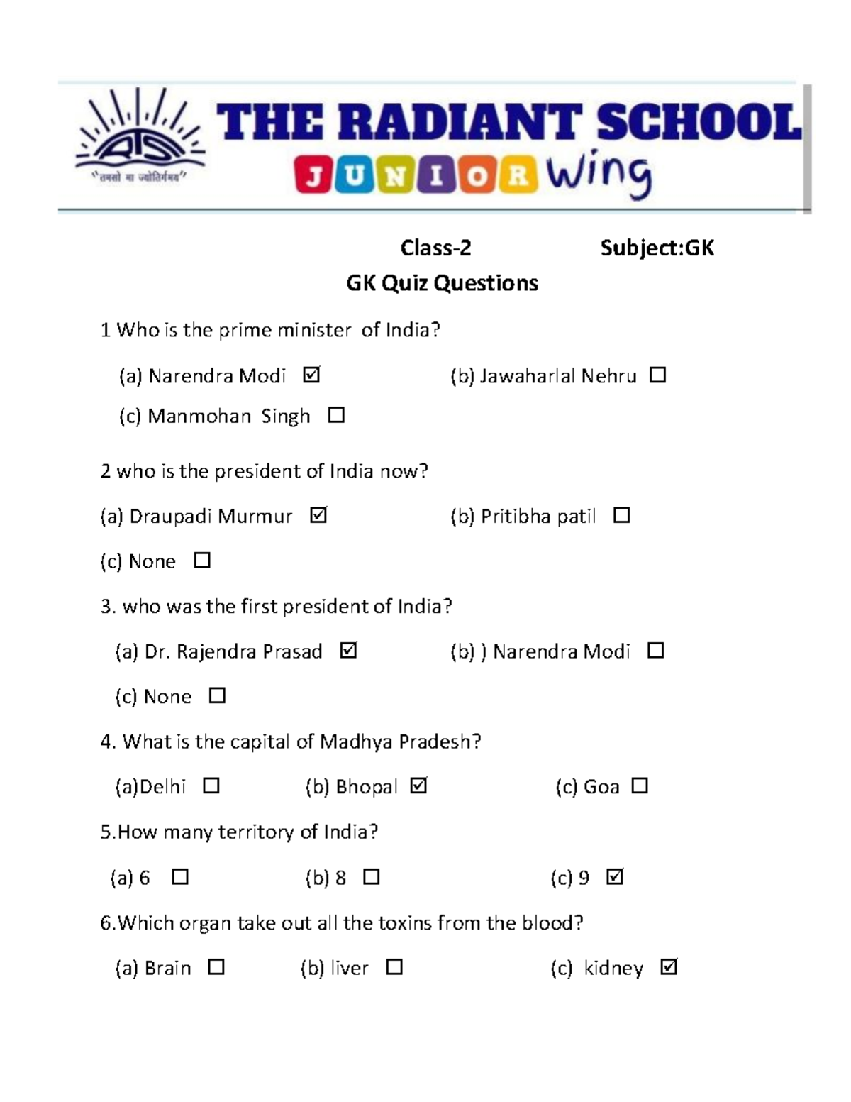 GK Quiz Questions for Class 2 - Prepare for 169396867911693968679 - Studocu