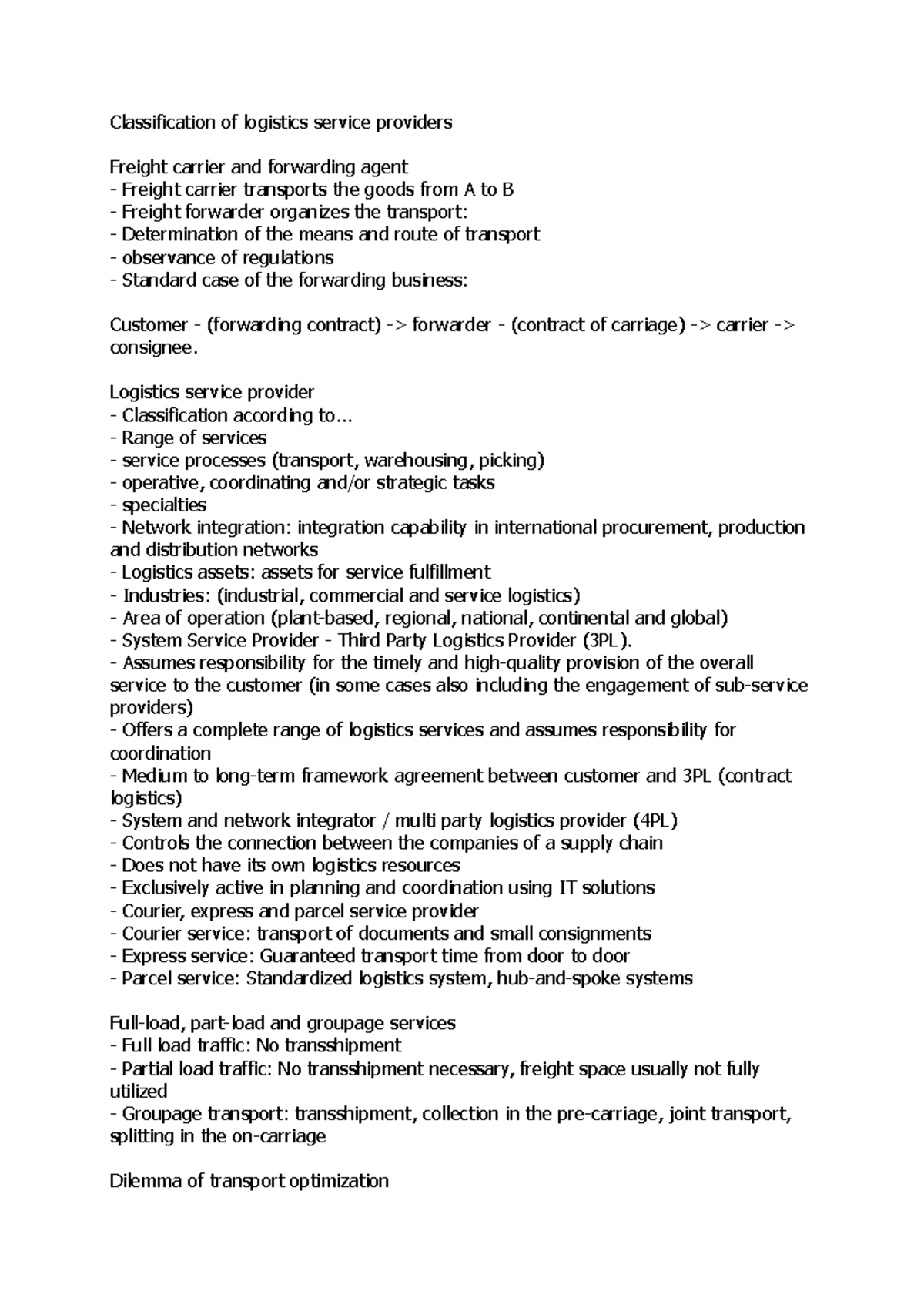 Classification of logistics service providers - Logistics service ...