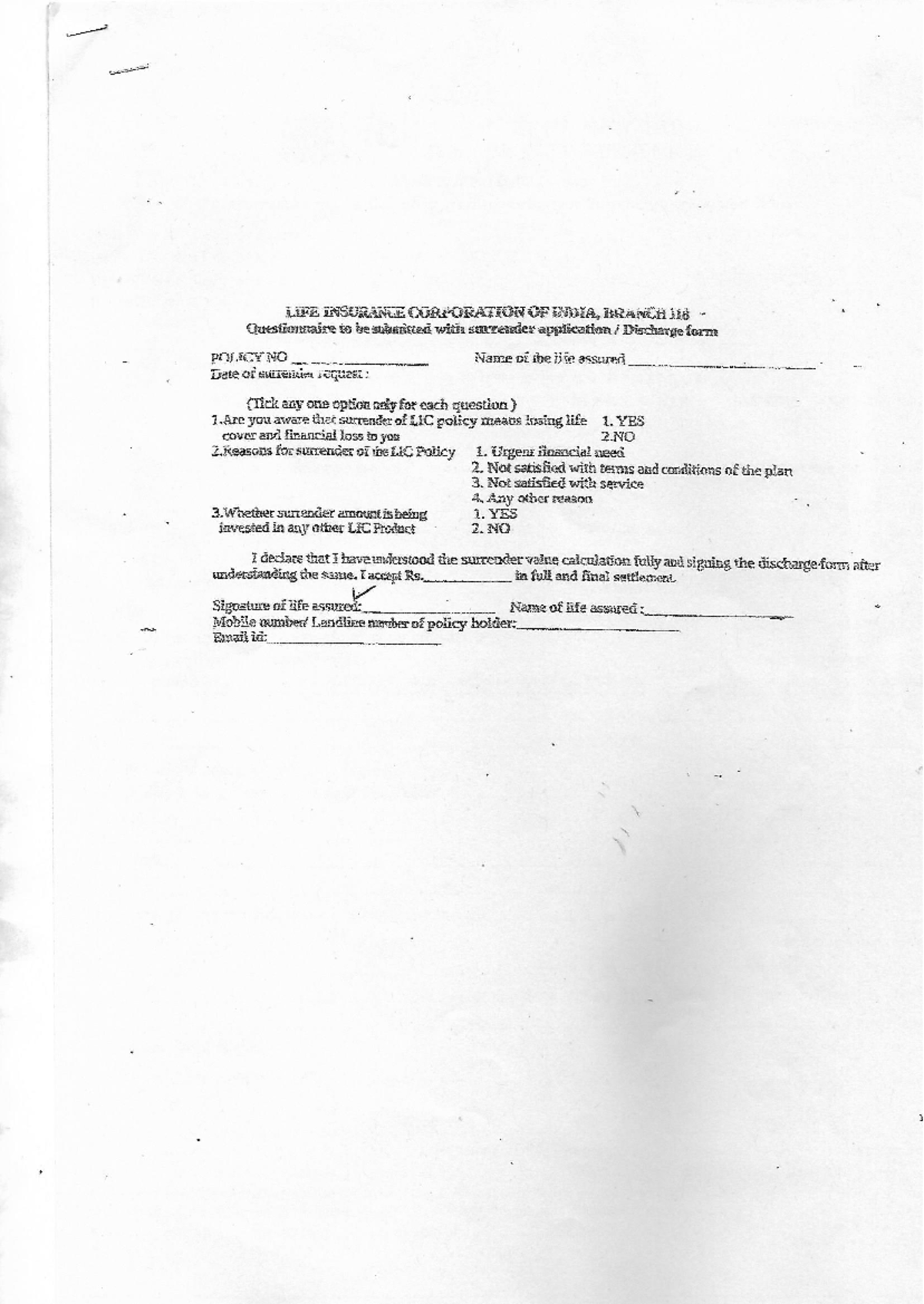 LIC Surrender Form Questionnaire for Policy No. 5074 3510 Submission ...