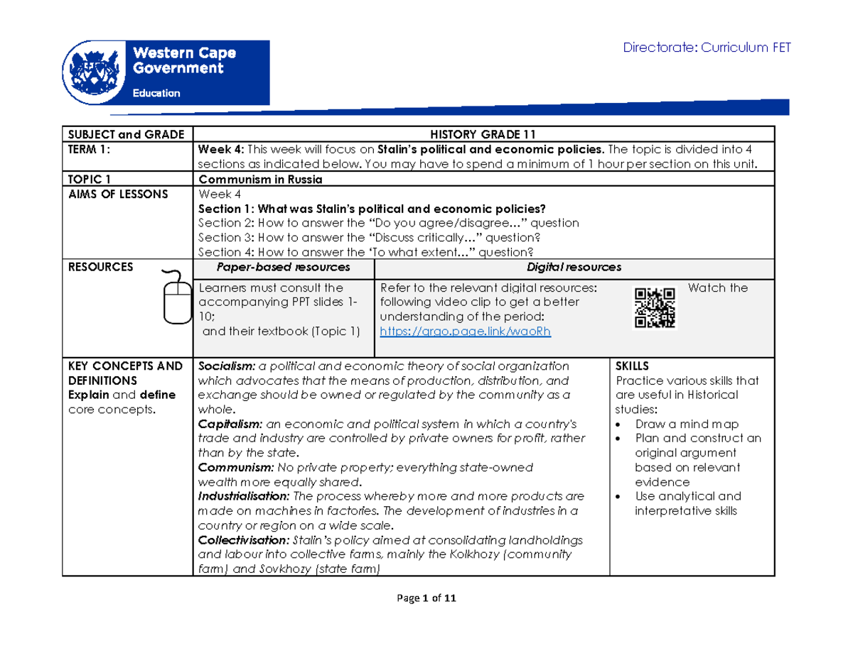 History Grade 11 Term 1 Week 4: Political & Economic Policies in Russia ...