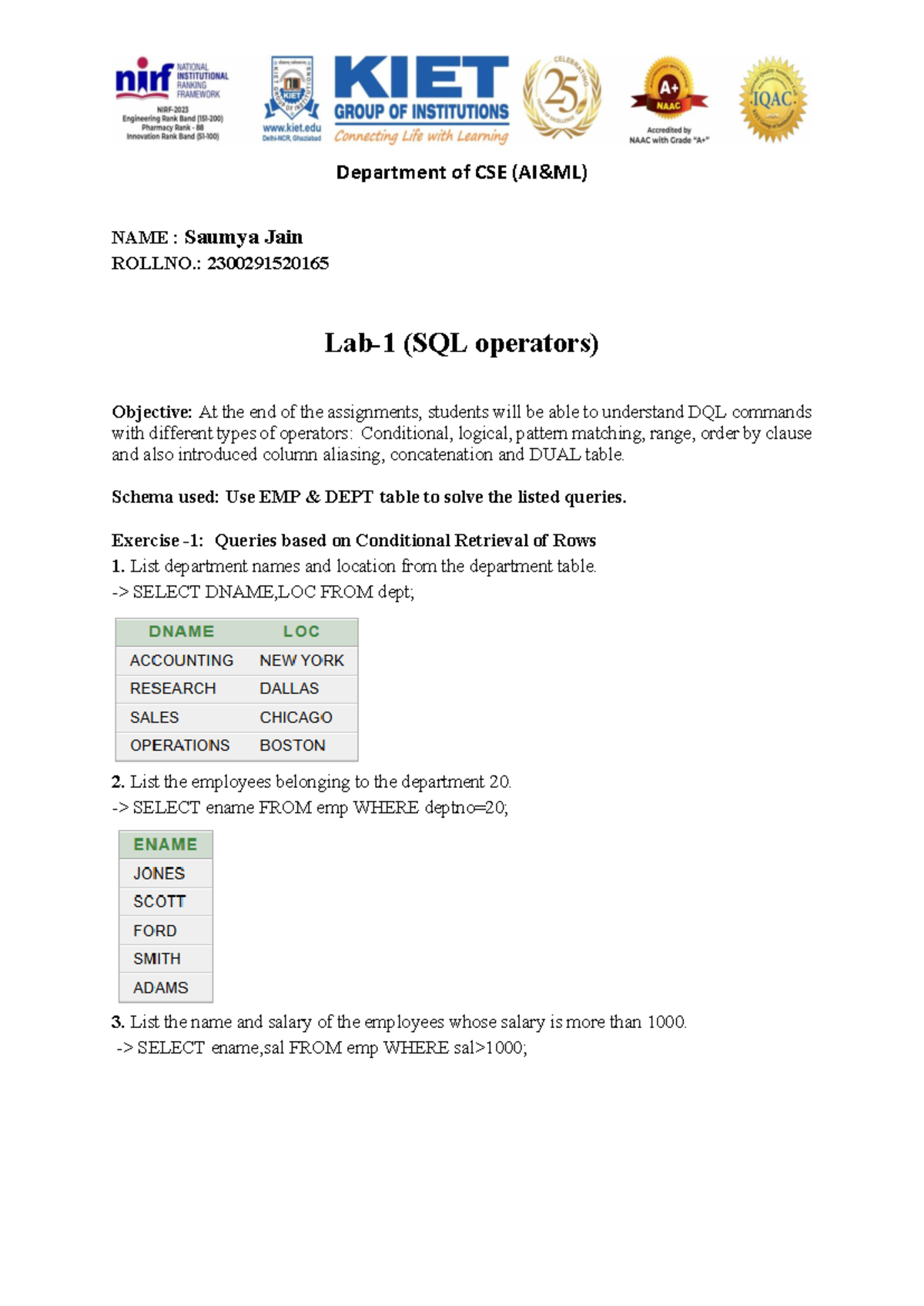 CSE Lab: SQL Operators and DQL Commands Exercises - Studocu