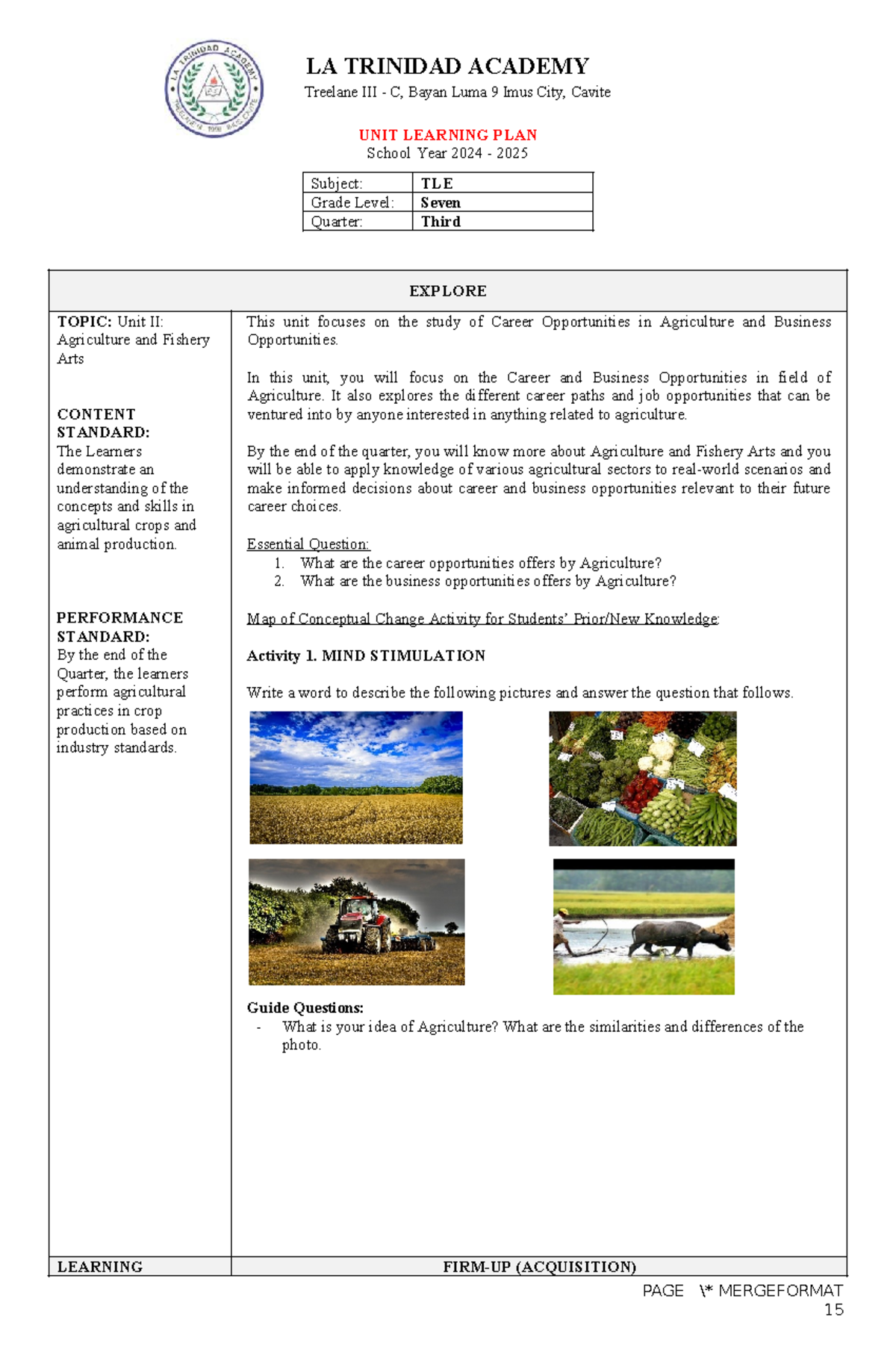 ULP TLE 7 Q3 - Agriculture and Fishery Unit Learning Plan for TLE 7 ...