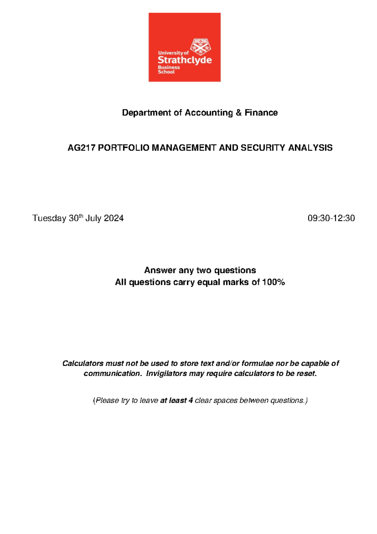AG217 Portfolio Management & Security Analysis - July 2024 Past Paper ...