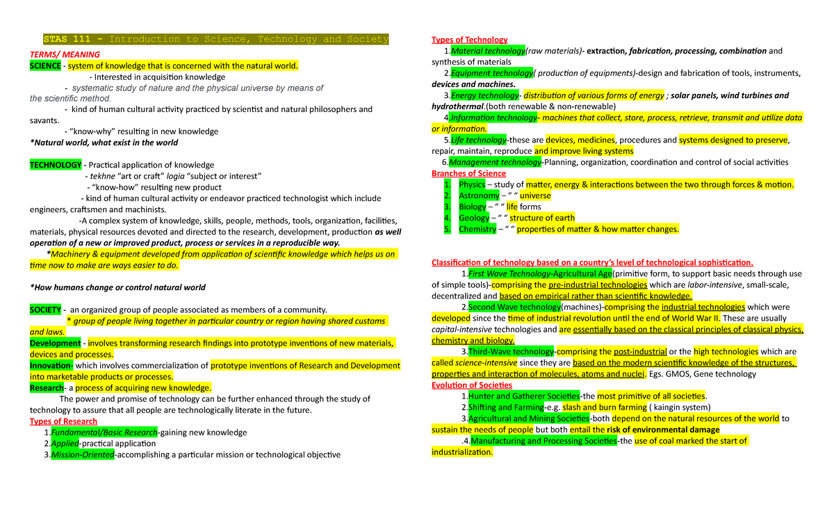 STAS 111 - Lecture Notes on Science, Technology, and Society (1-10 ...