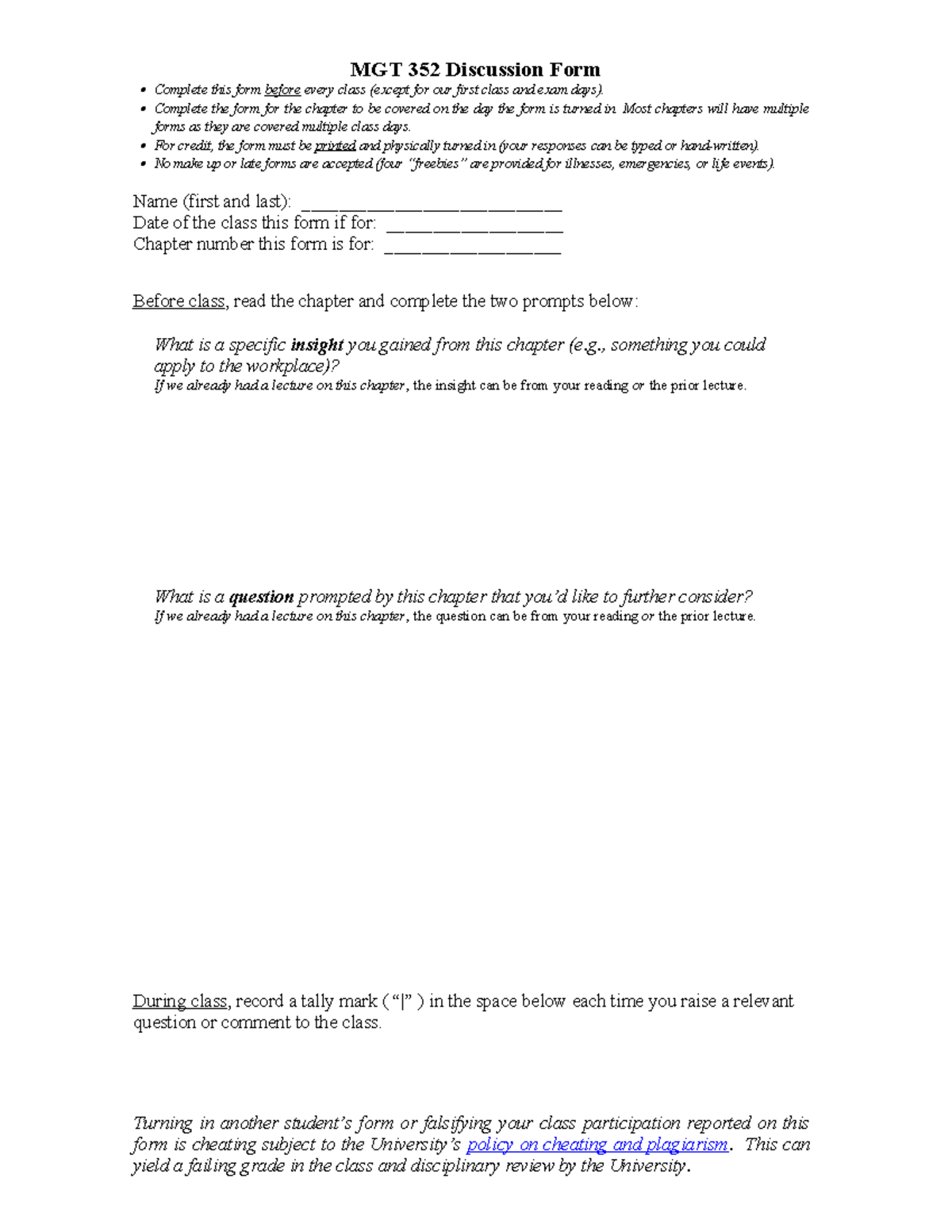 MGT 352 Class Discussion Form for Chapter Insights and Questions - Studocu