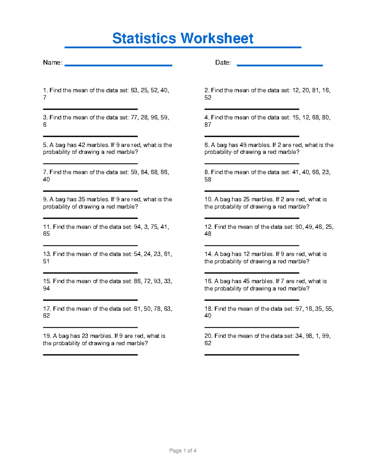 Statistics Worksheet 4: Mean & Probability Problems - Studocu
