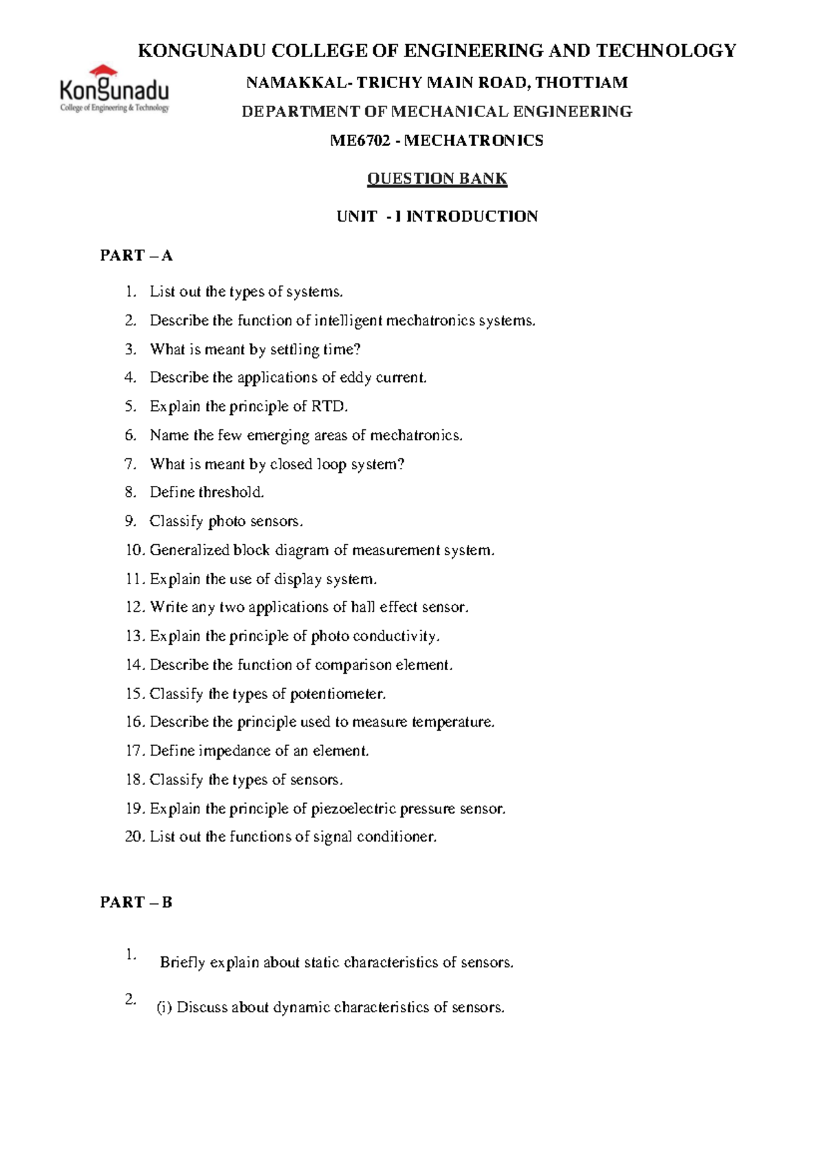 ME6702 Mechatronics Question Bank: Comprehensive Study Guide - Studocu