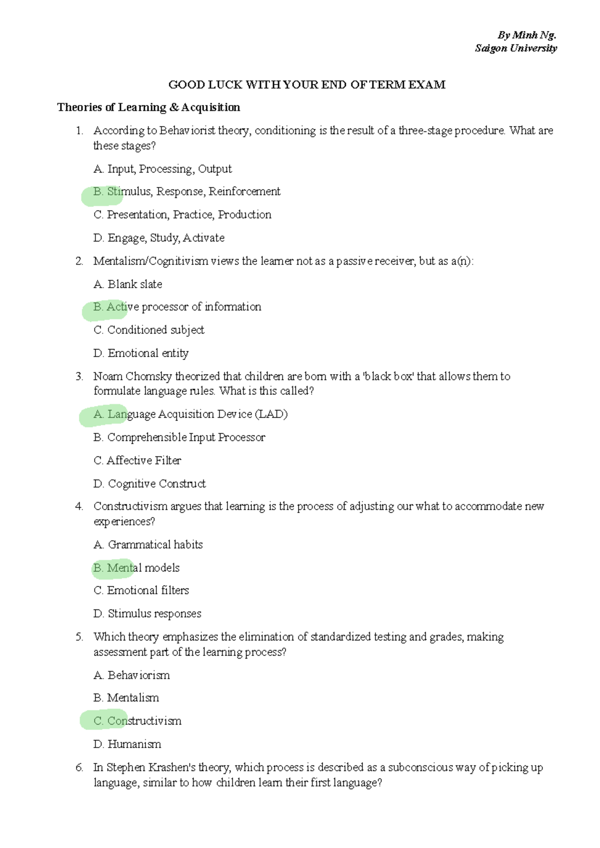 Revision LLDH1 2026 Final Exam: Theories of Learning Acquisition - Studocu